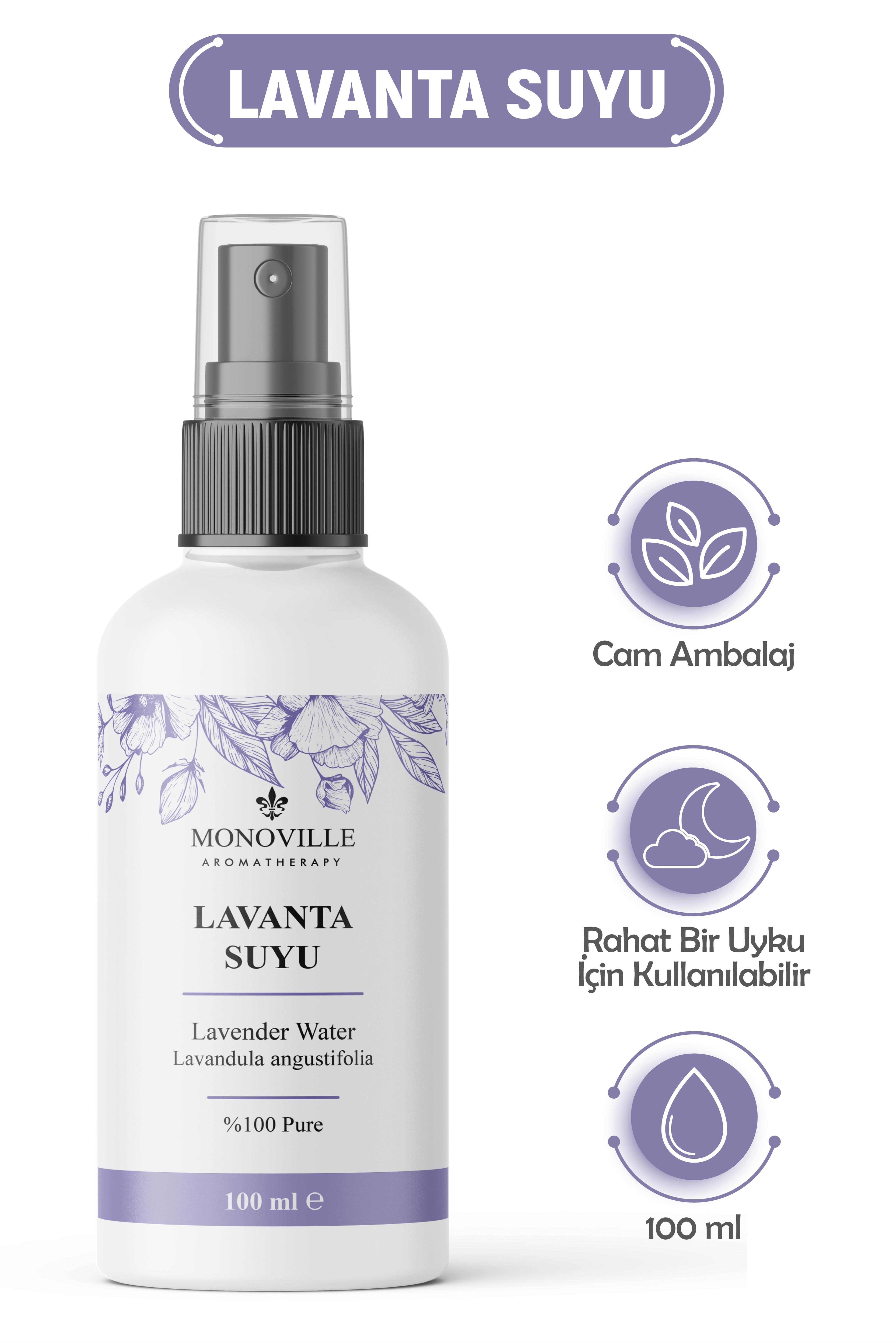 Monoville Lavanta Suyu 100 ml Cam Şişe %100 Saf ve Doğal (Lavender Water)