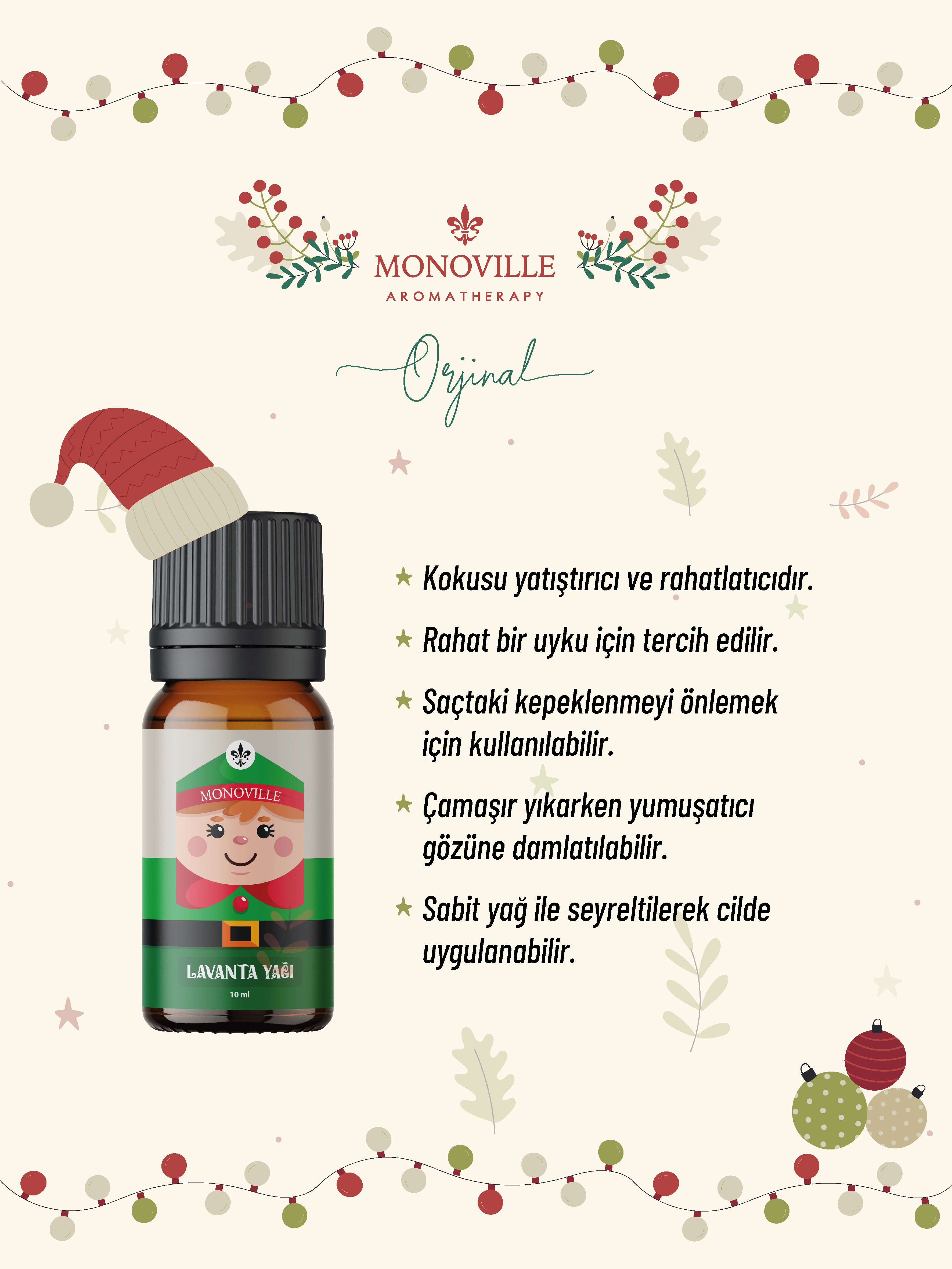 Monoville Lavanta Uçucu Yağı 10 ml % 100 Saf ve Doğal Yeni Yıl Hediye ( Lavender Essential Oil )