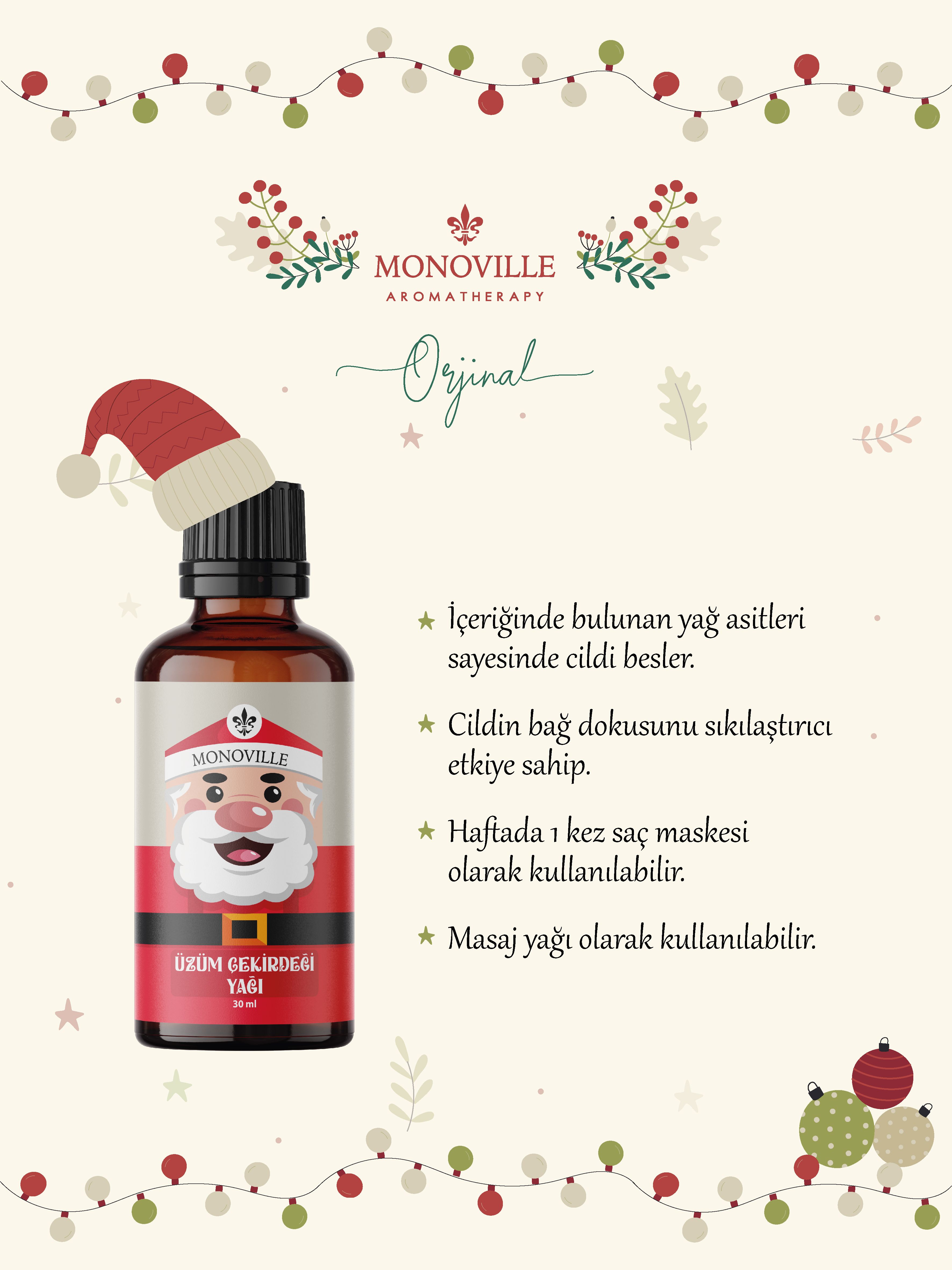 Monoville Üzüm Çekirdeği Yağı 30 ml Soğuk Sıkım % 100 Saf Ve Doğal Yeni Yıl Hediye ( Grape Seed Oil )