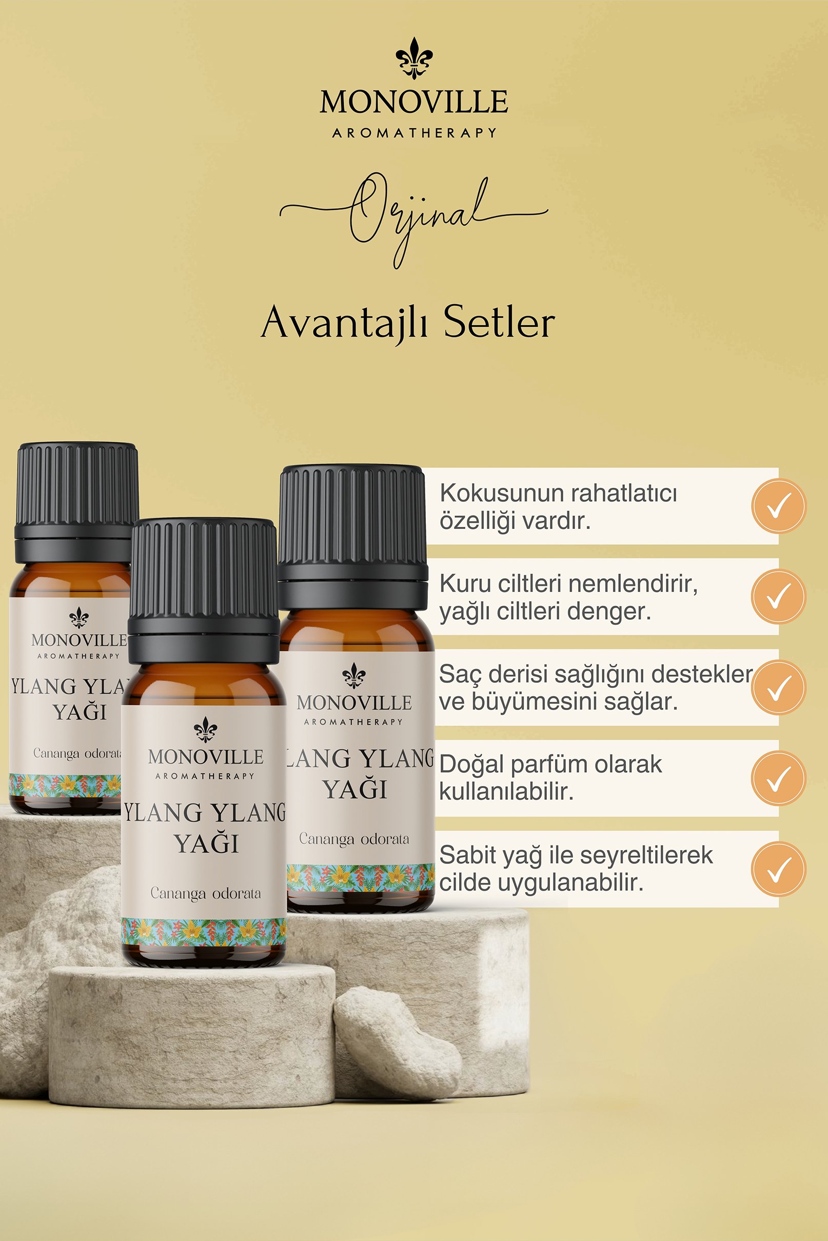 Monoville Ylang Ylang Uçucu Yağı 3'lü Set %100 Saf ve Doğal ( Ylang Ylang Essential Oil ) 3x10 ml