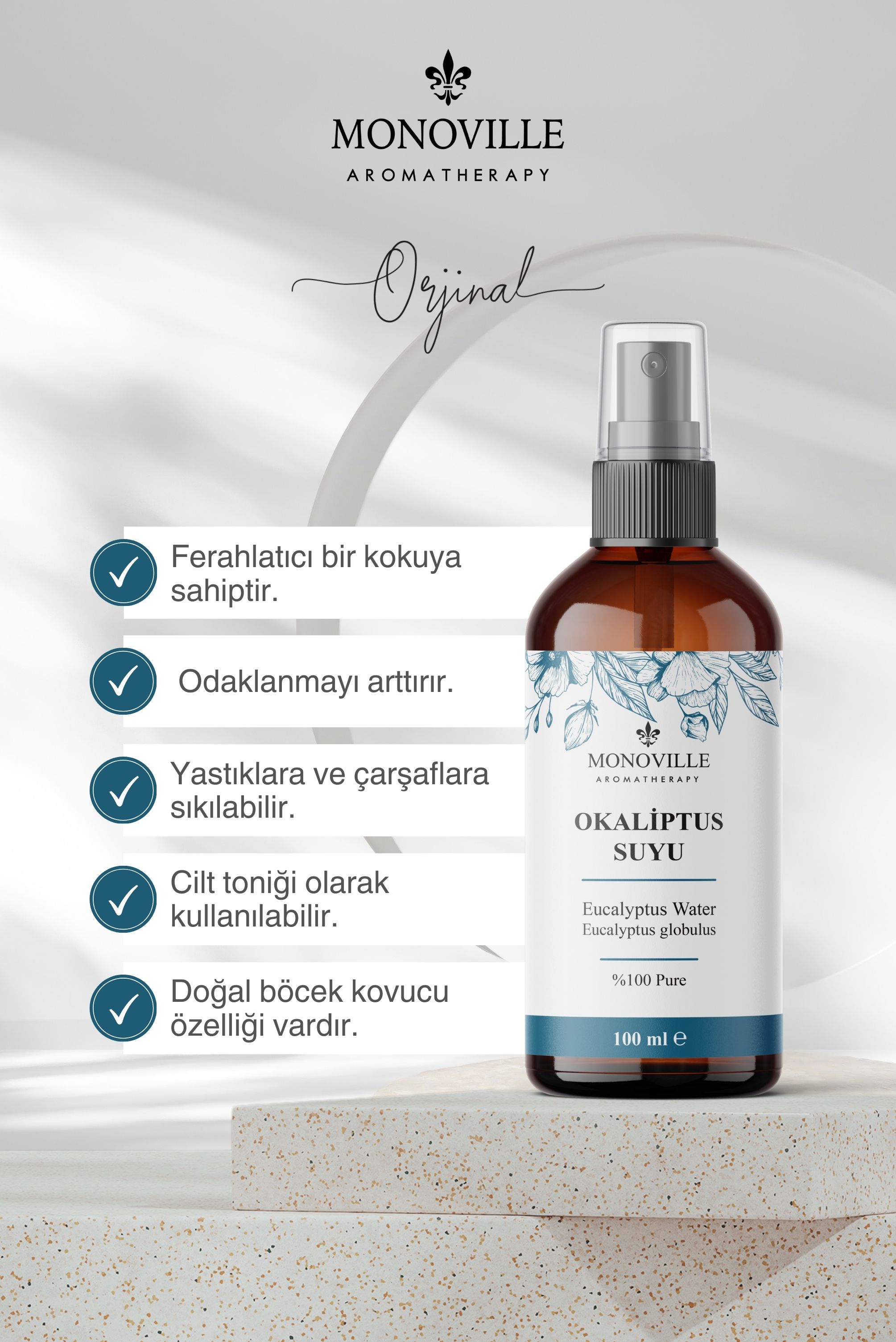Monoville Okaliptus Suyu 100 ml Cam Şişe %100 Saf ve Doğal (Eucalyptus Water)