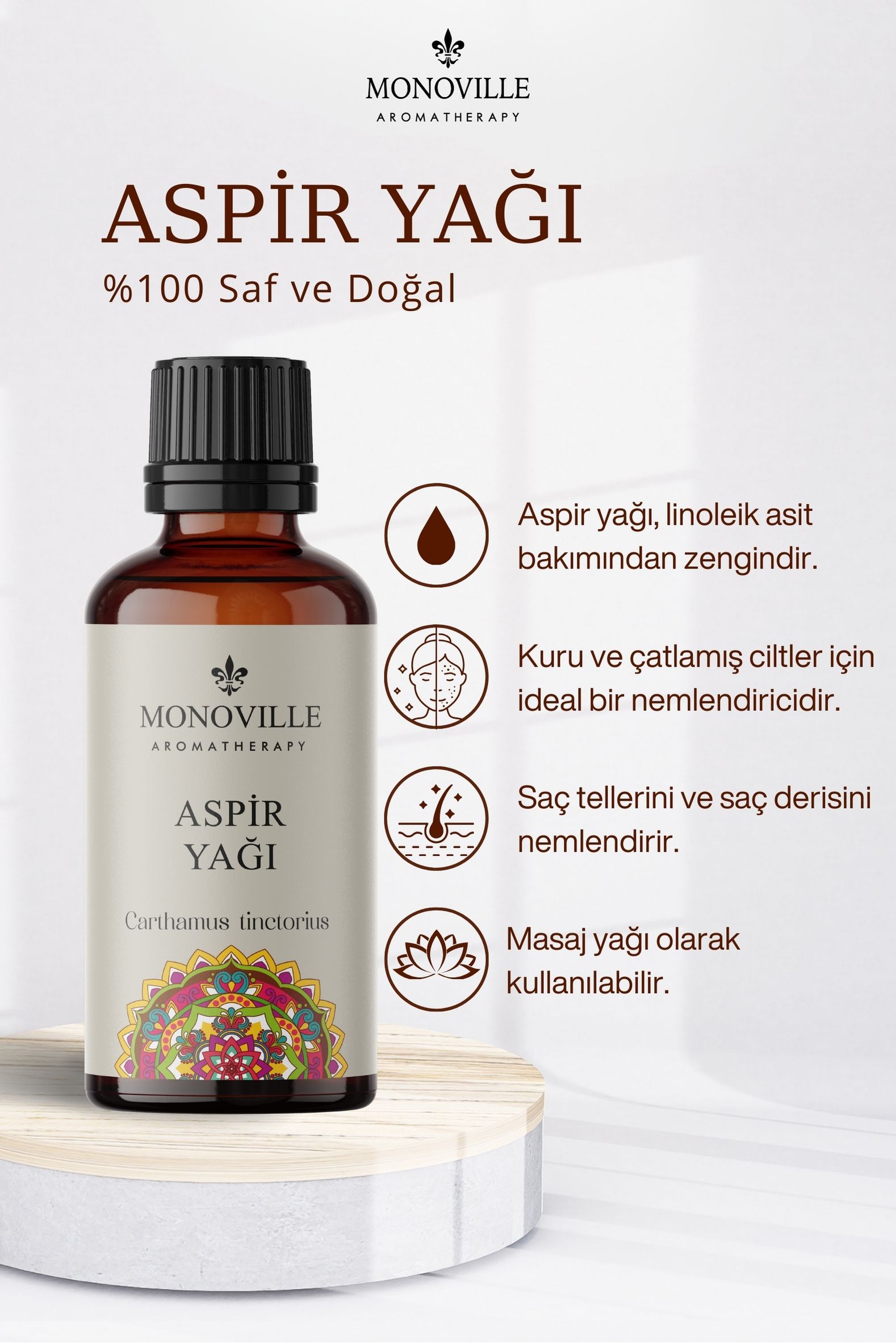 Monoville Aspir Yağı 30 ml Soğuk Sıkım %100 Saf Ve Doğal (Safflower Oil)