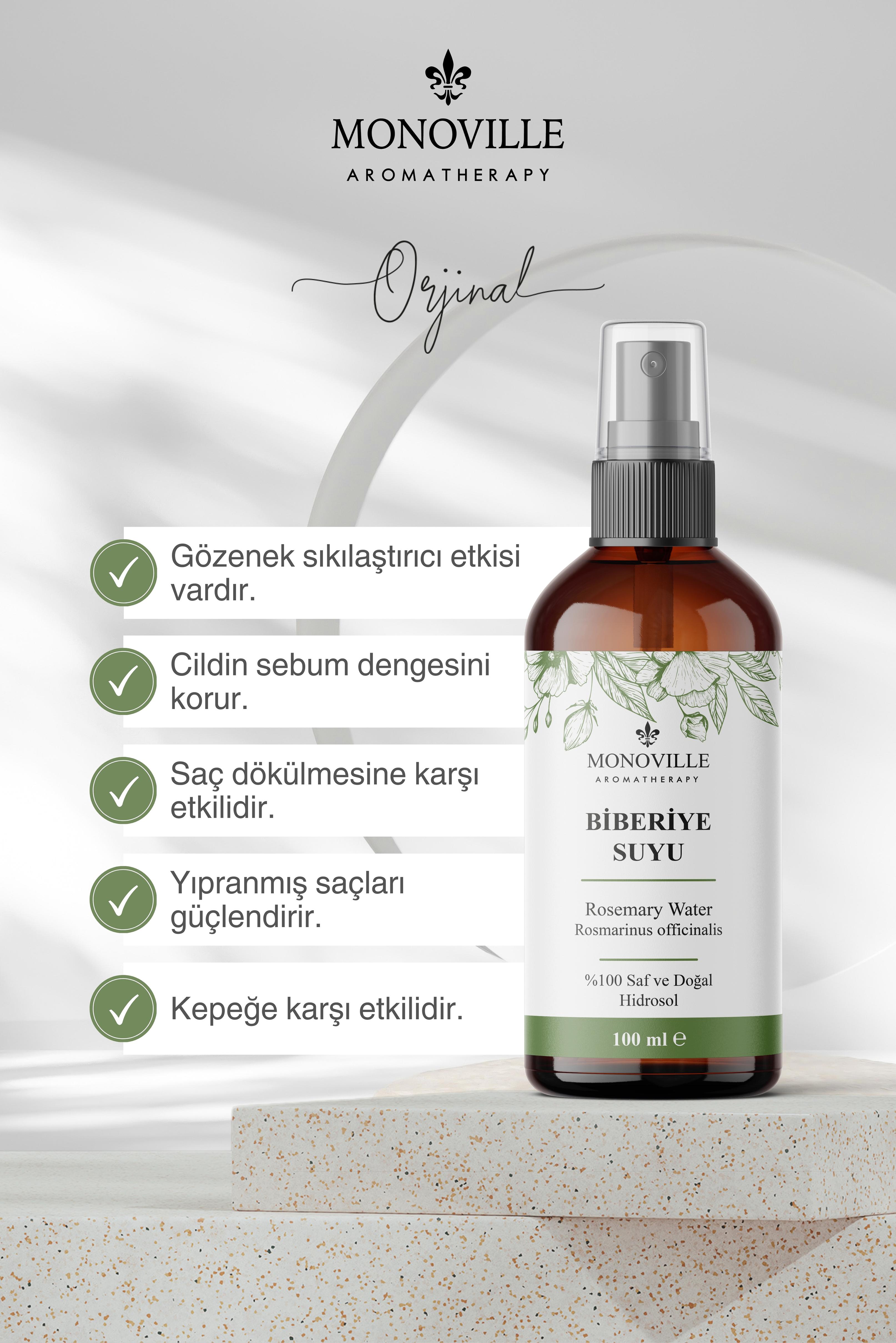 Monoville Biberiye Suyu 100 ml Cam Şişe %100 Saf ve Doğal (Rosemary Water)