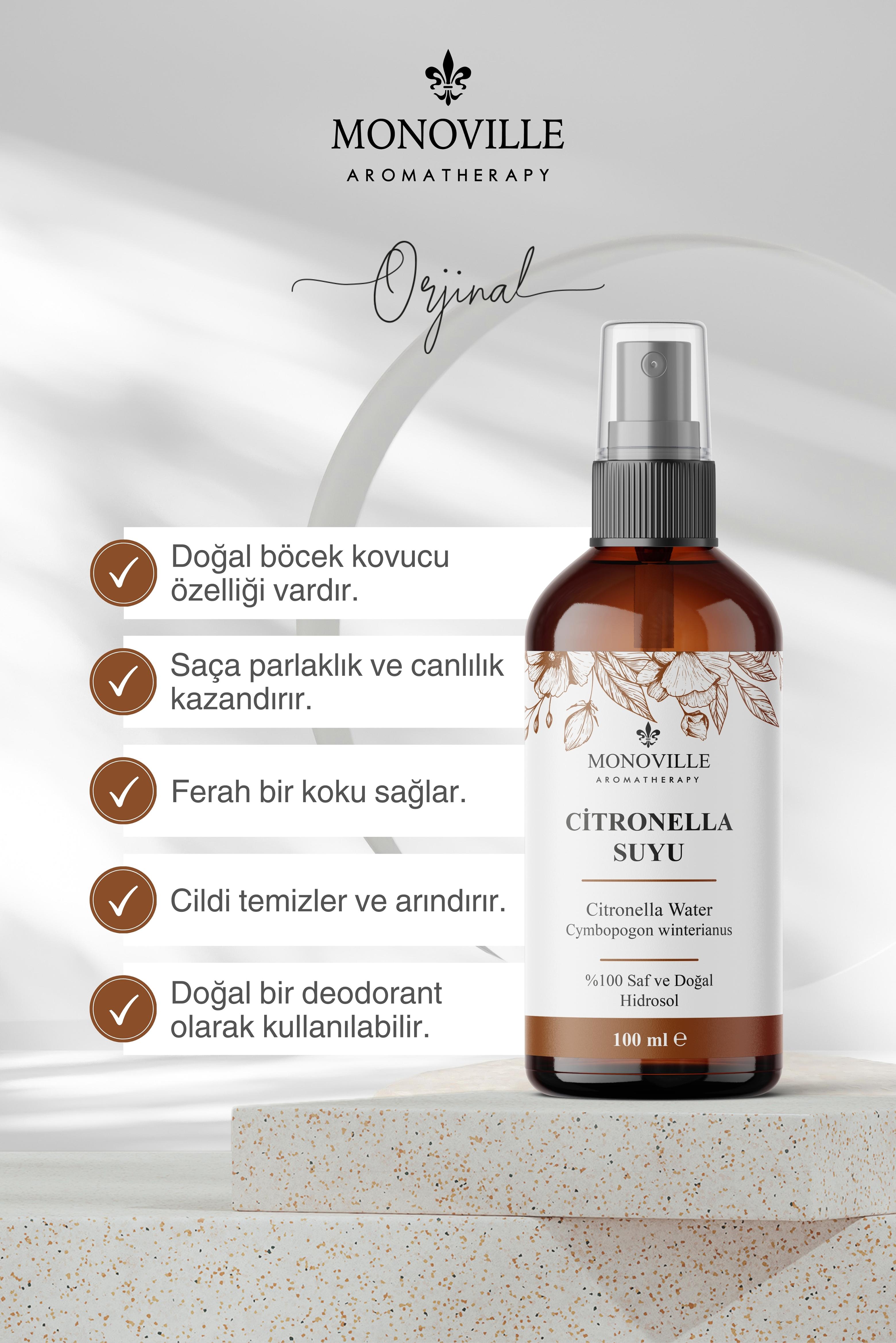 Monoville Citronella Suyu 100 ml Cam Şişe %100 Saf ve Doğal (Citronella Water)