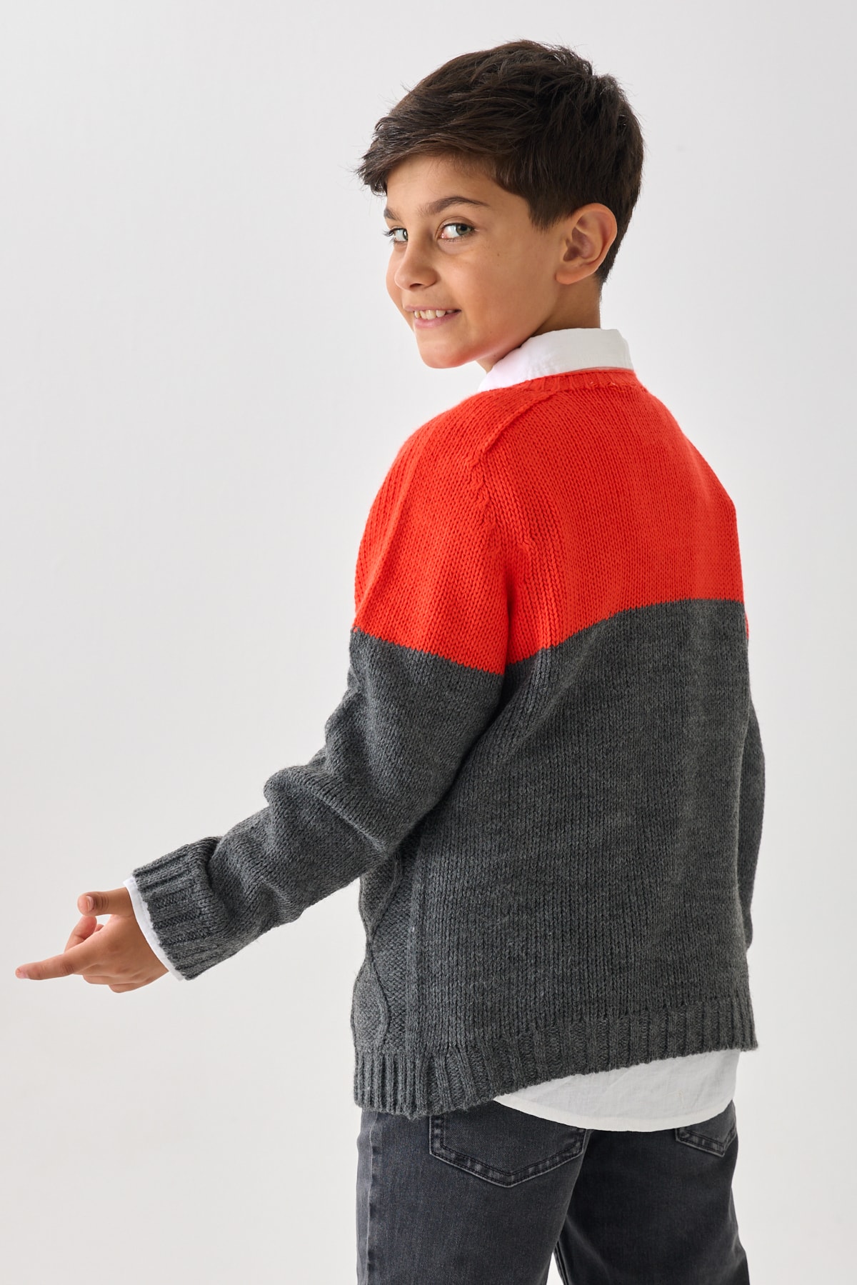 Erkek Çocuk Triko Kazak - Çift Renkli, Bisiklet Yaka ve Uzun Kollu - Turuncu