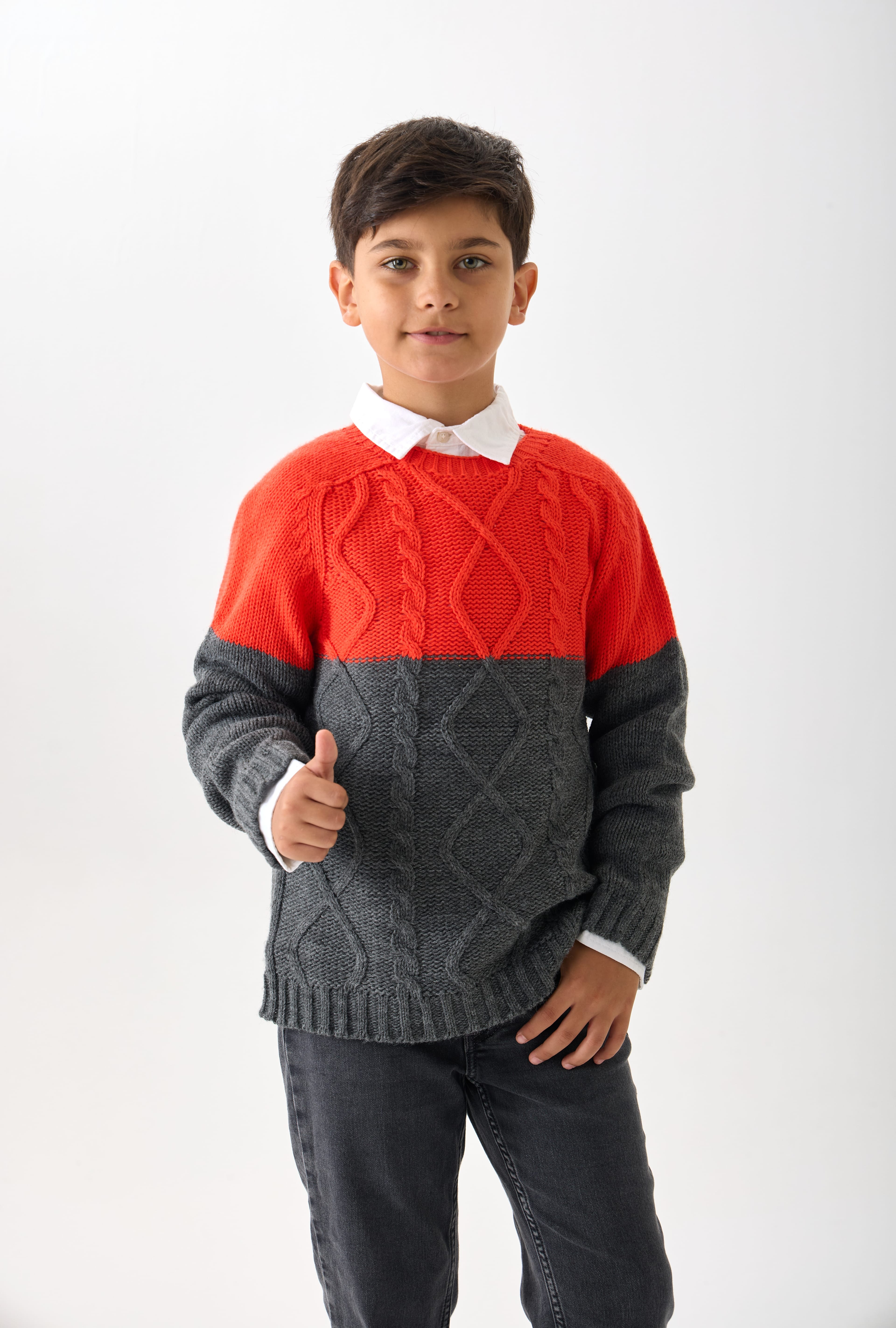 Erkek Çocuk Triko Kazak - Çift Renkli, Bisiklet Yaka ve Uzun Kollu - Turuncu