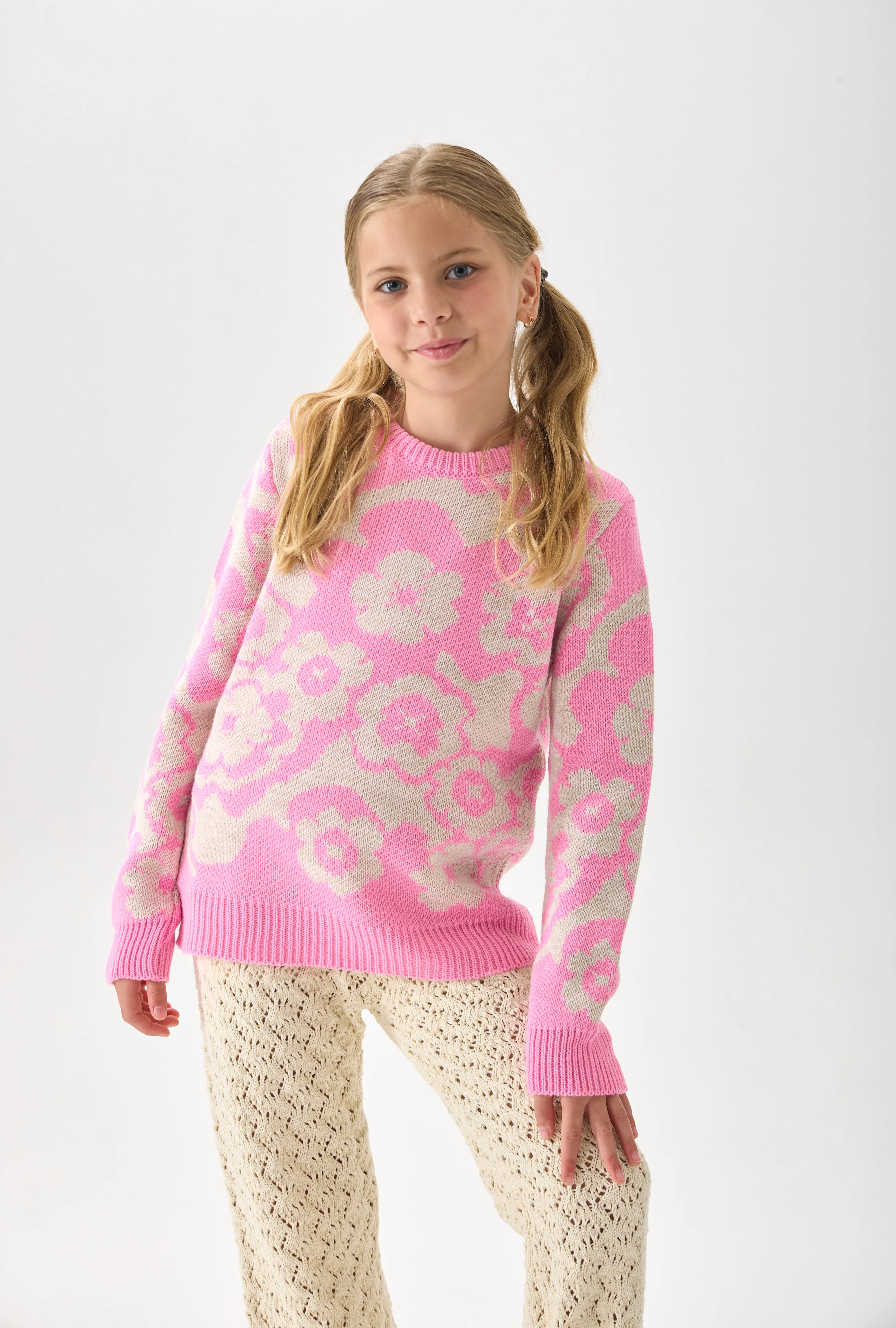 Çiçek Desenli Kız Çocuk Kazak Triko - Pembe