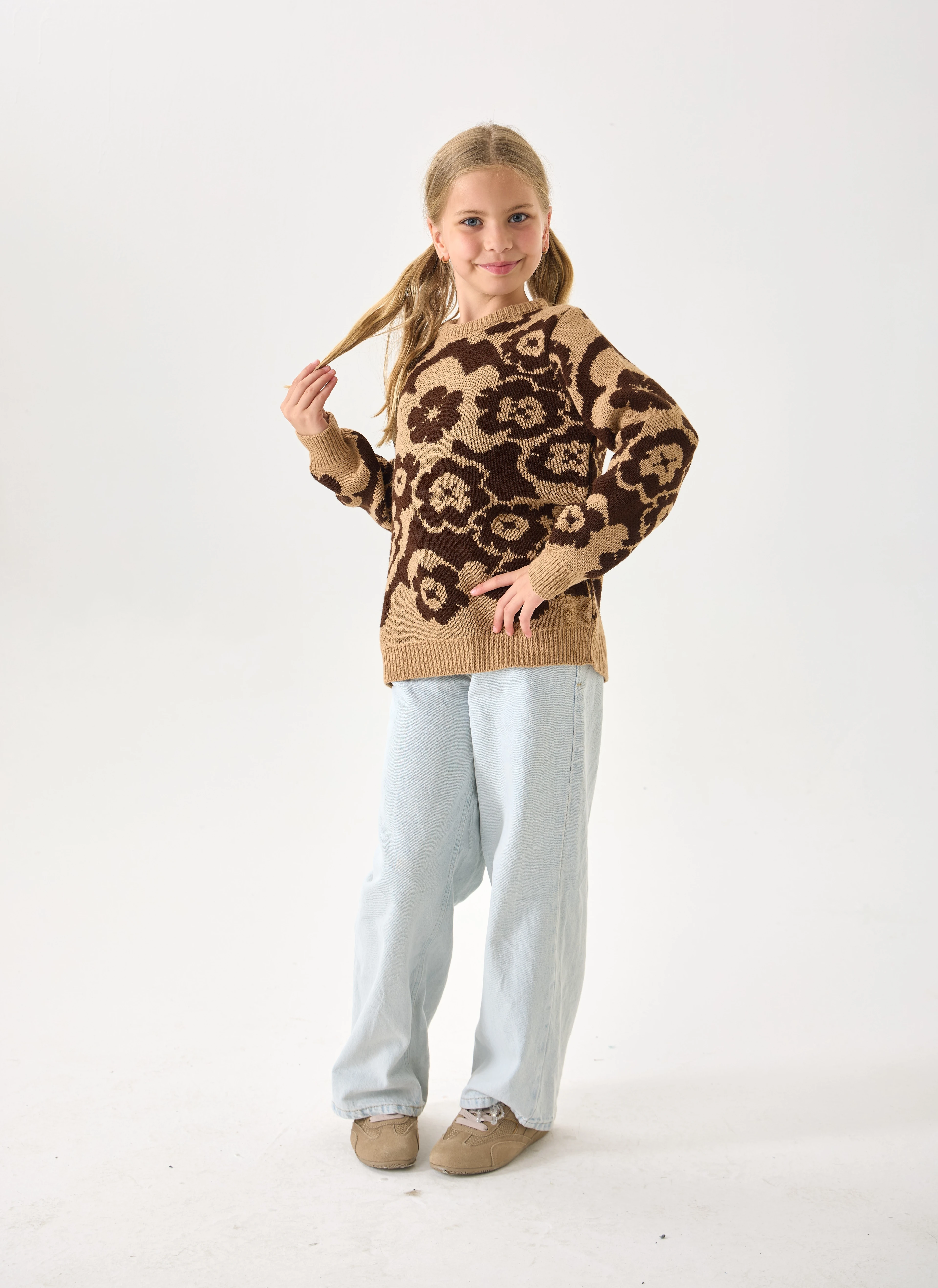 Çiçek Desenli Kız Çocuk Kazak Triko - Coconut