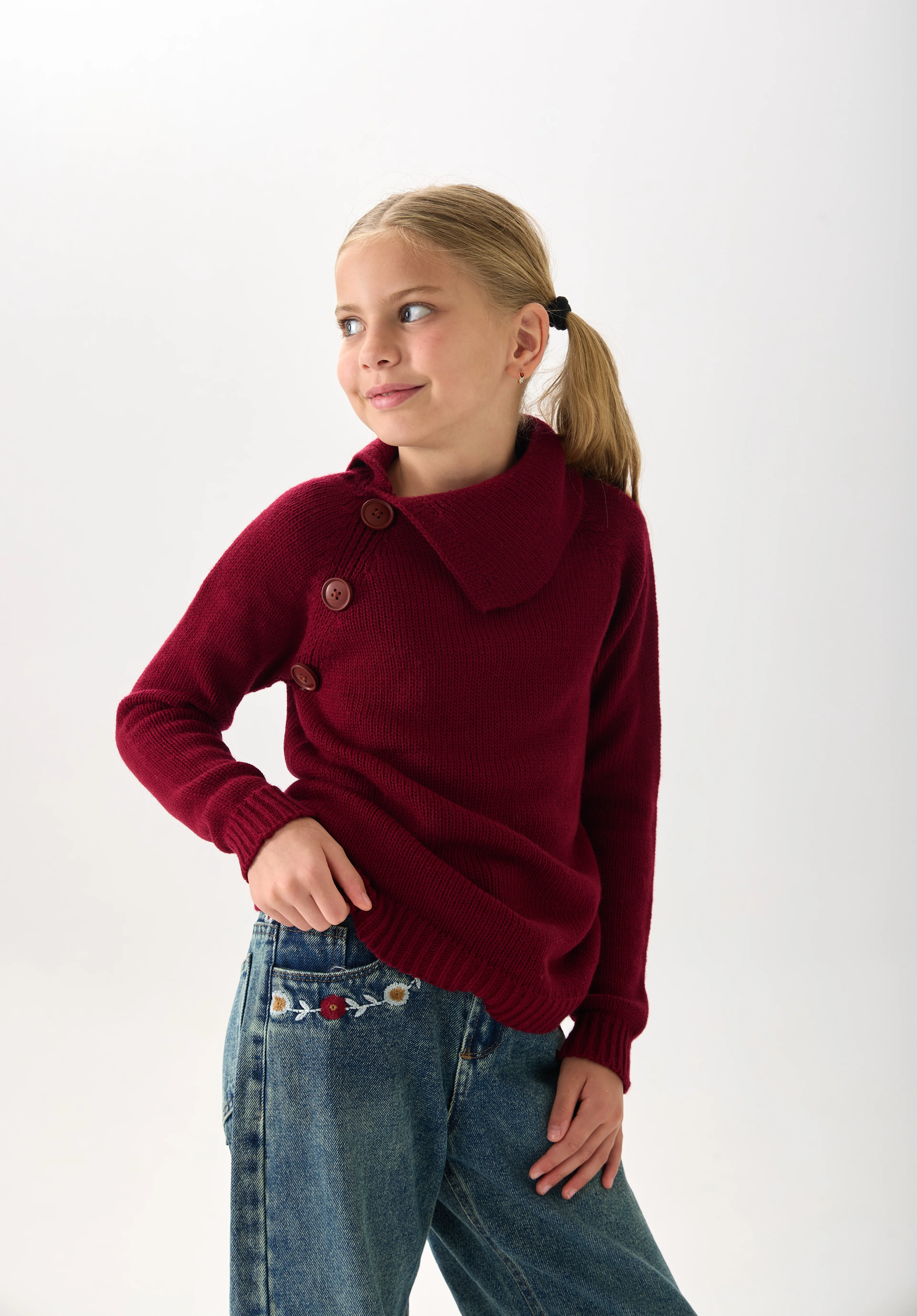 Kız Çocuk Triko Kazak - Düğme Detaylı Geniş Yaka ve Uzun Kollu Model - Bordo