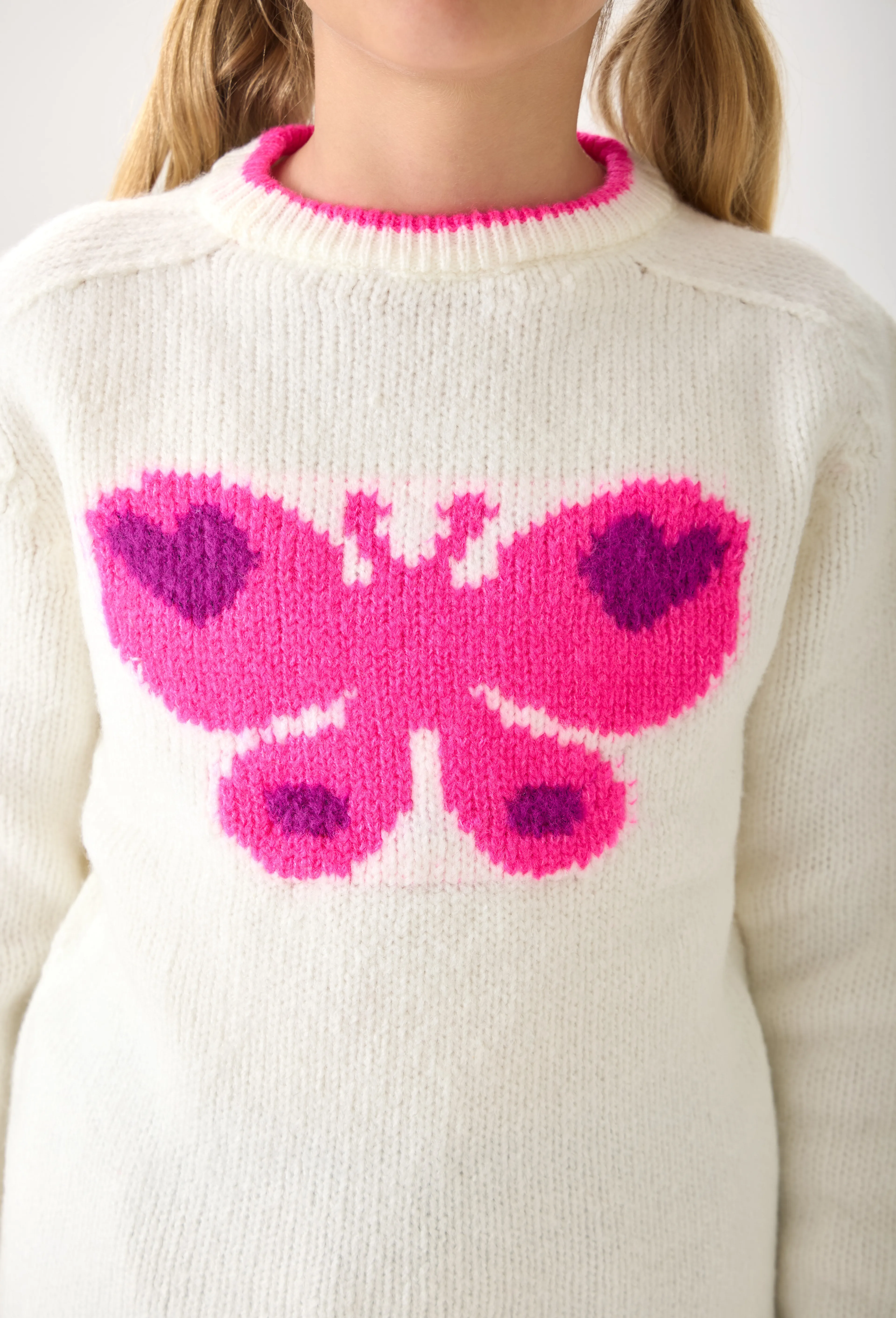  Kelebek Desenli Kız Çocuk Triko Kazak - Yumuşak Dokulu - Ekru