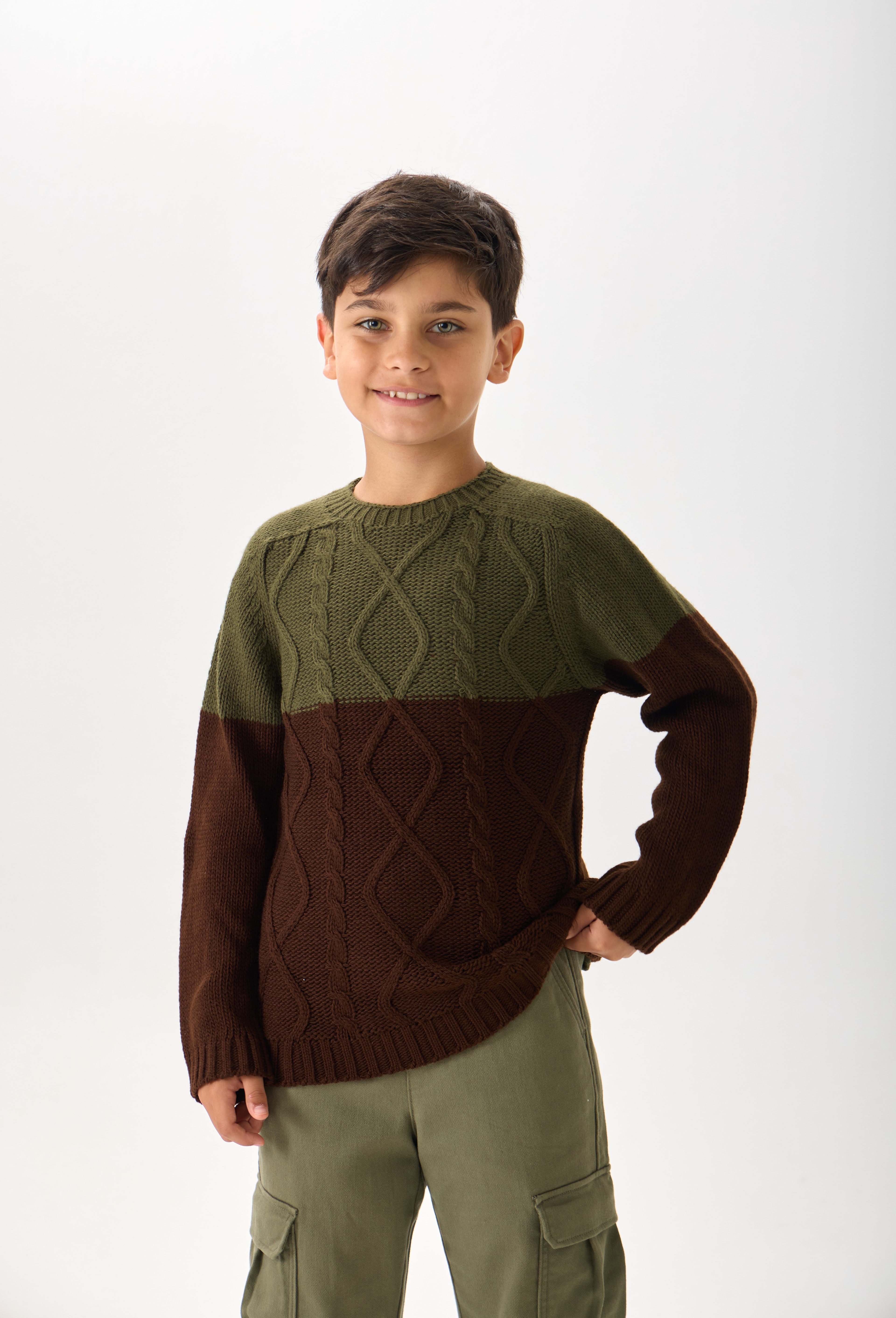 Erkek Çocuk Triko Kazak - Çift Renkli, Bisiklet Yaka ve Uzun Kollu - Haki