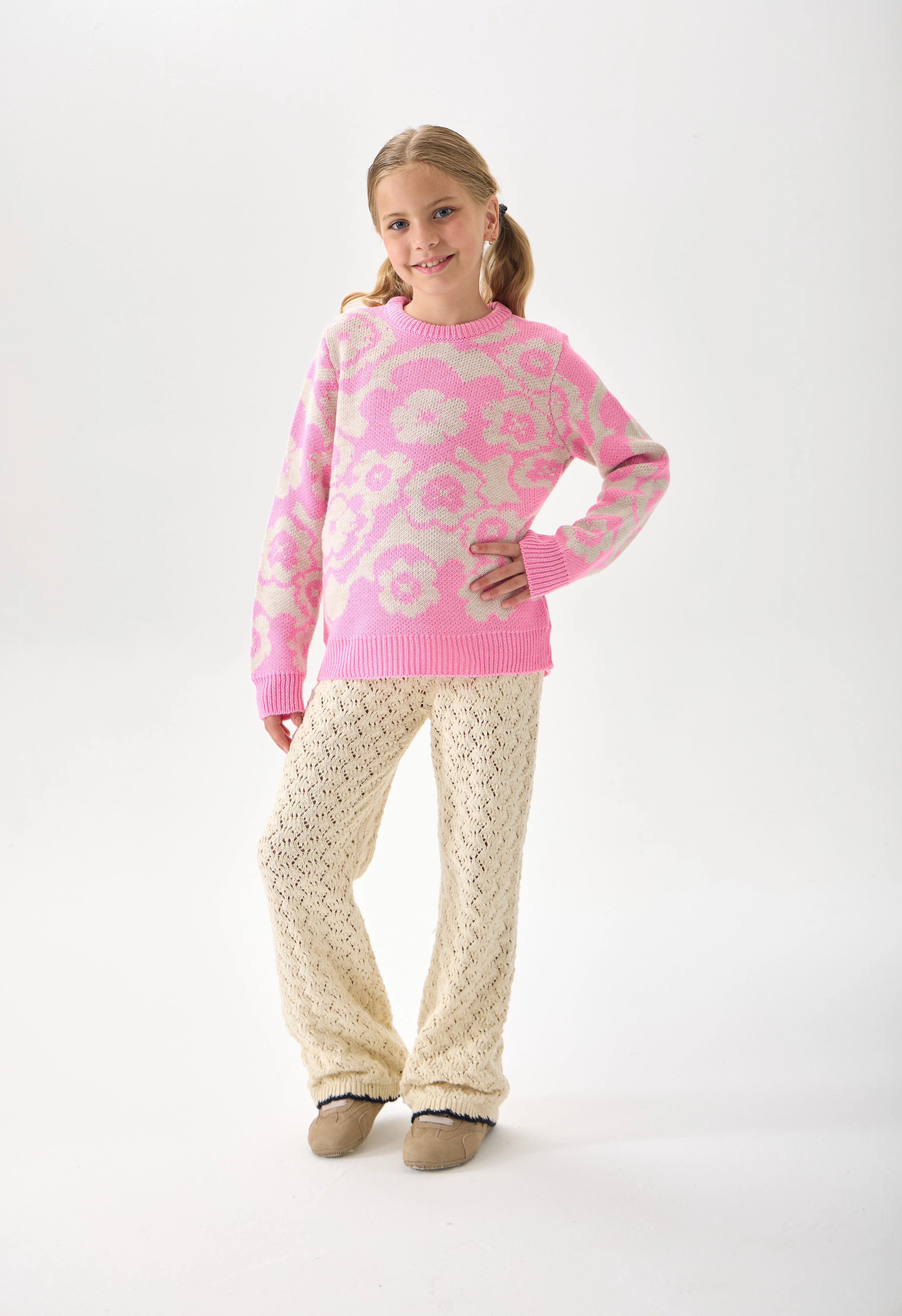 Çiçek Desenli Kız Çocuk Kazak Triko - Pembe