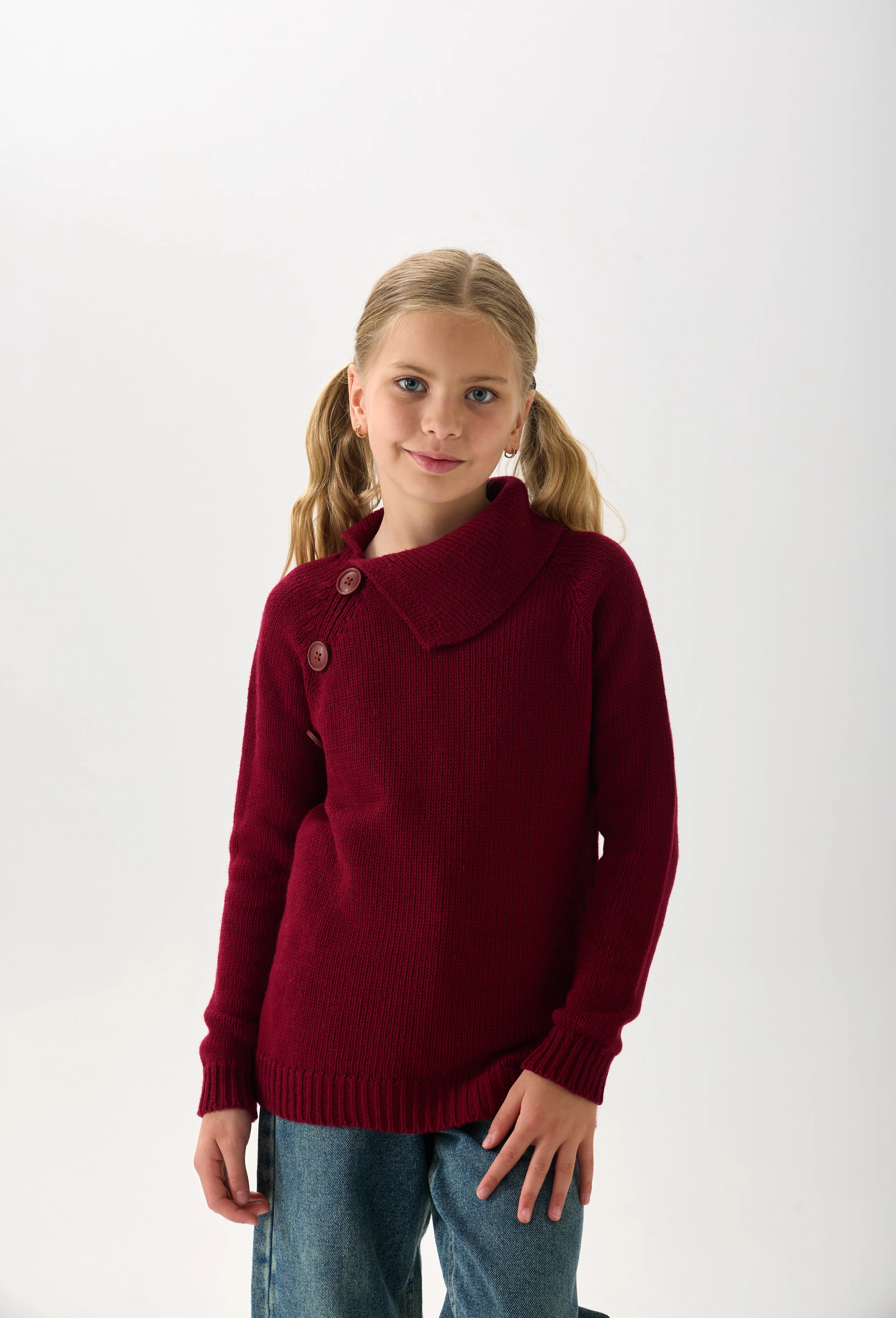Kız Çocuk Triko Kazak - Düğme Detaylı Geniş Yaka ve Uzun Kollu Model - Bordo