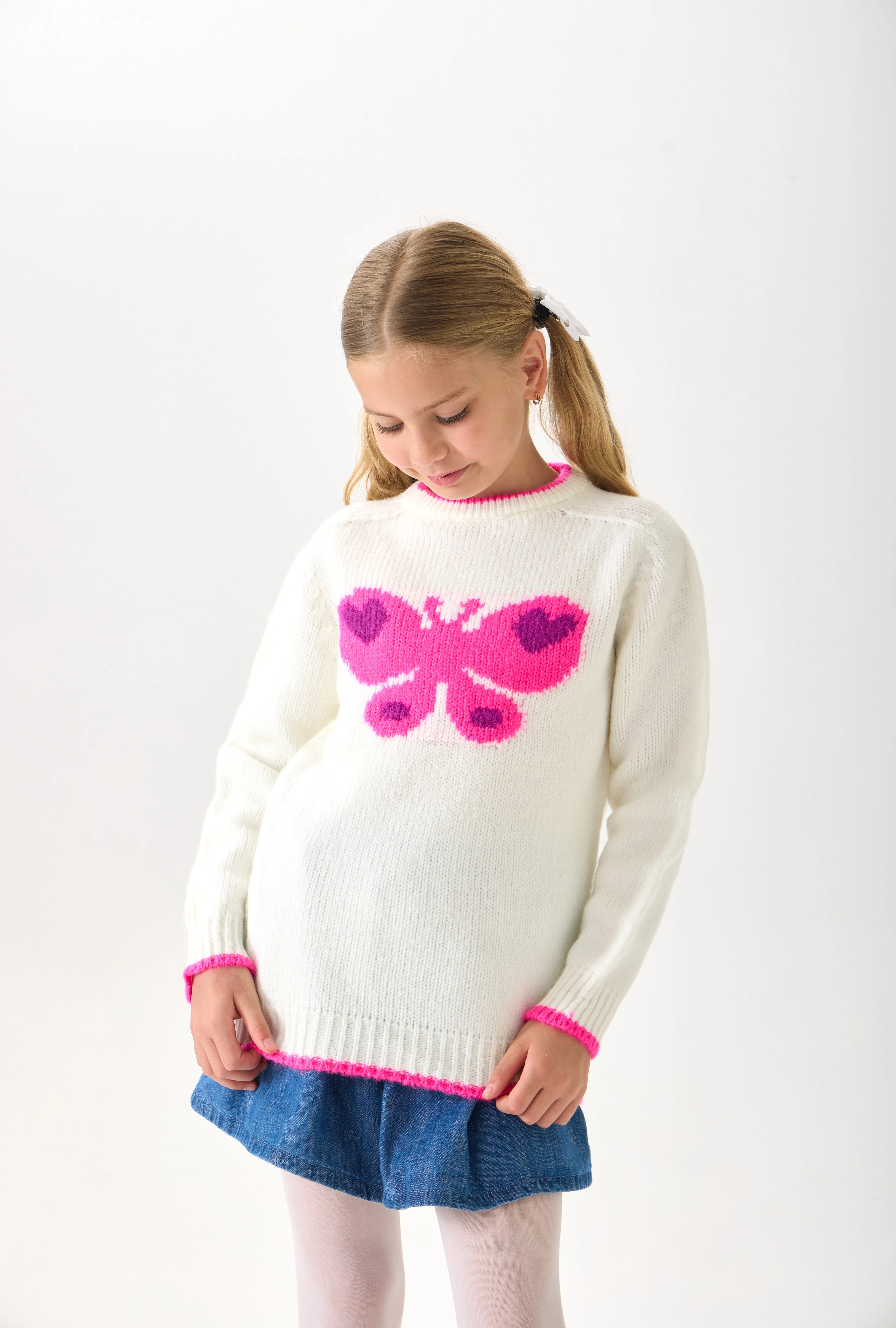  Kelebek Desenli Kız Çocuk Triko Kazak - Yumuşak Dokulu - Ekru