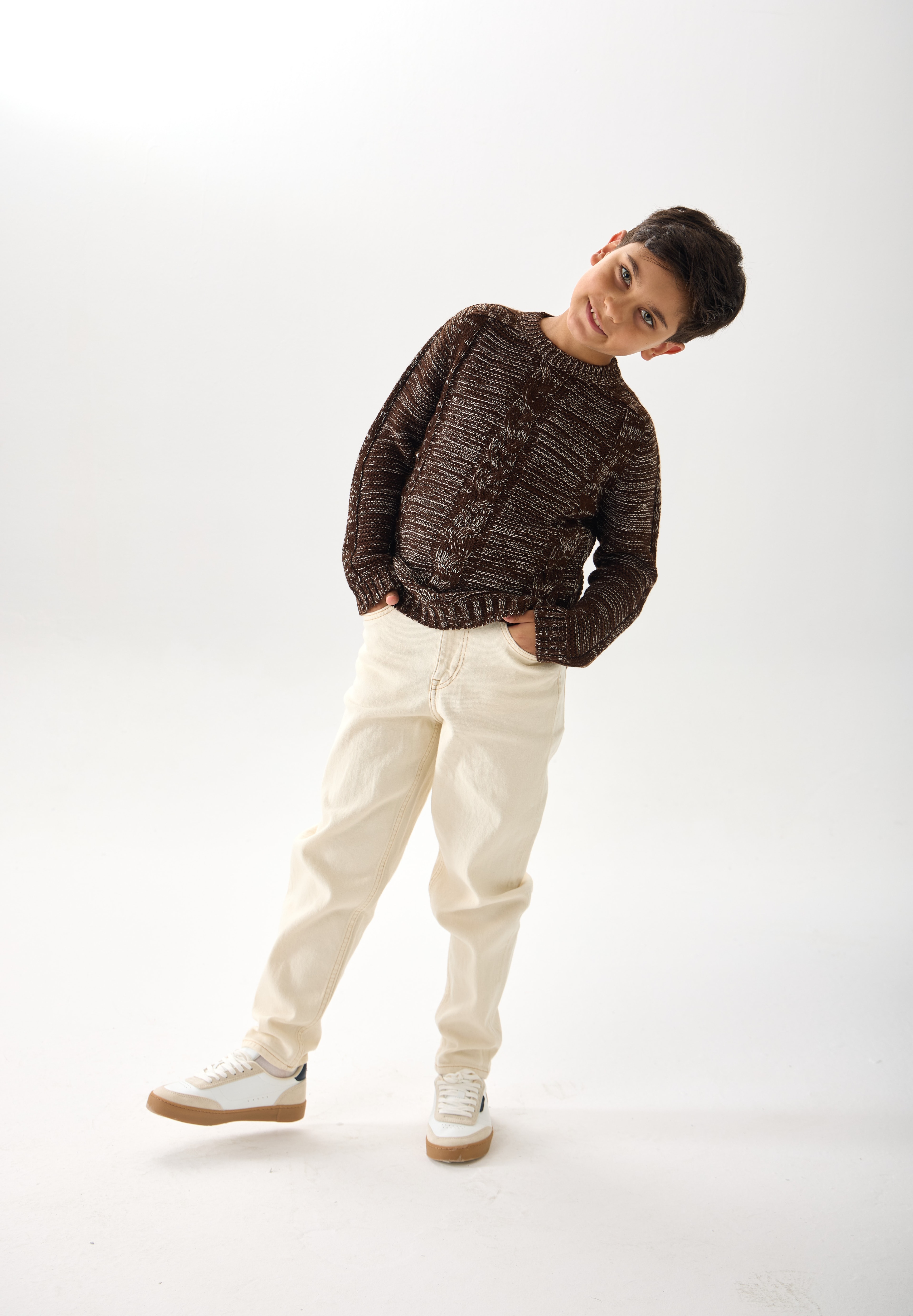 Erkek Çocuk Triko Kazak – Bisiklet Yaka ve Uzun Kollu Günlük Model - Coconut