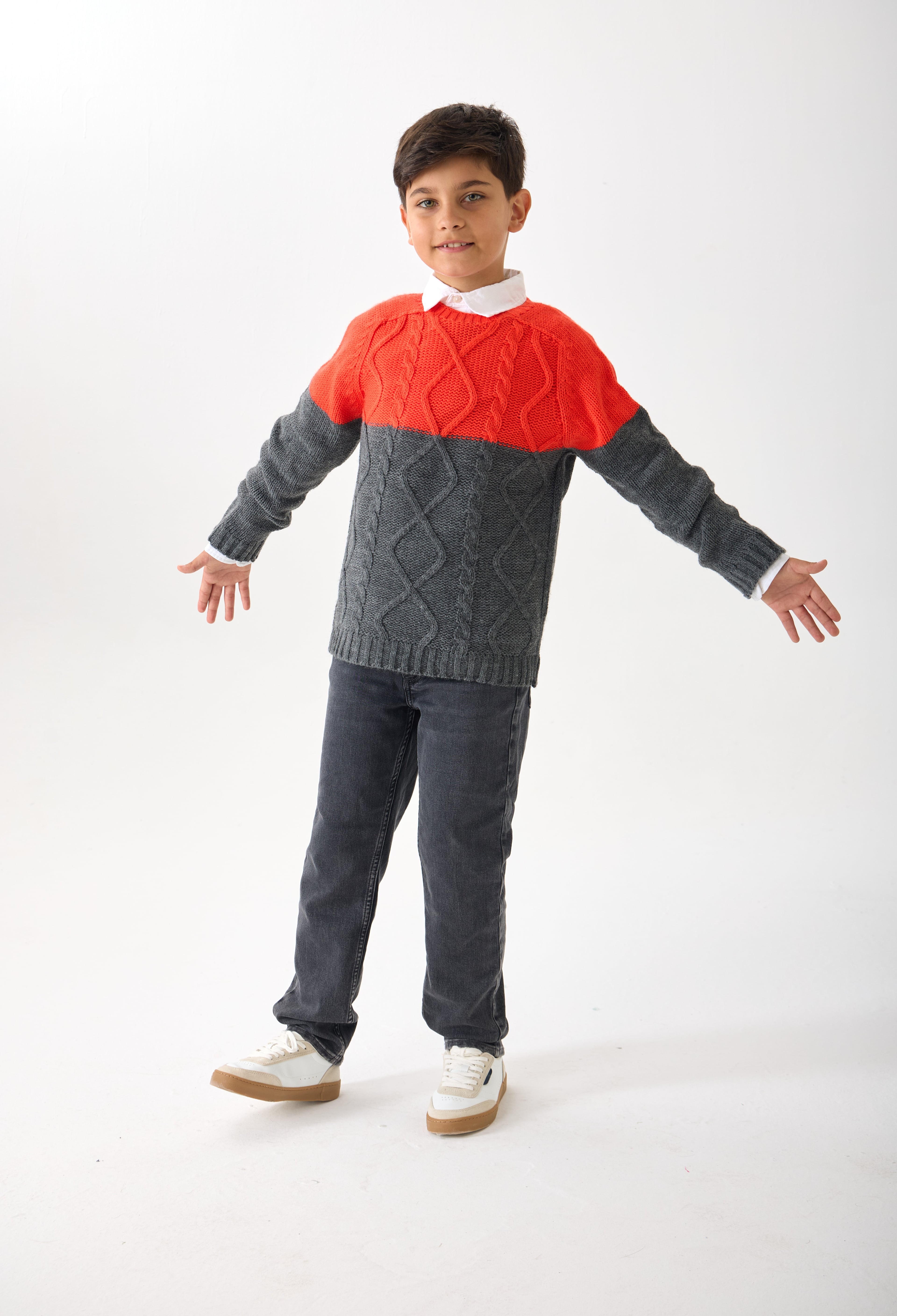 Erkek Çocuk Triko Kazak - Çift Renkli, Bisiklet Yaka ve Uzun Kollu - Turuncu