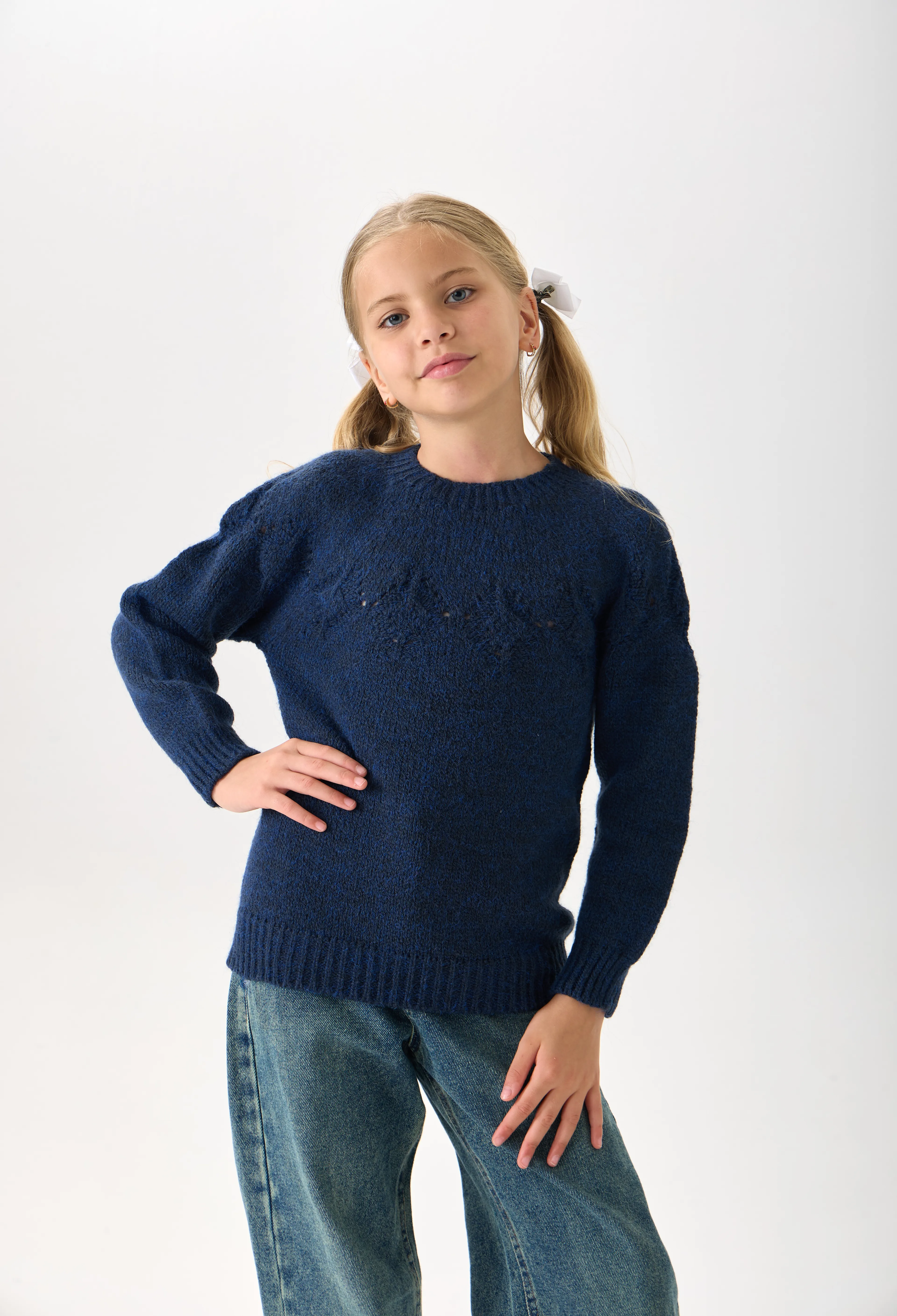 Kız Çocuk Triko Kazak - Bisiklet Yaka ve Uzun Kollu Günlük Model - Lacivert