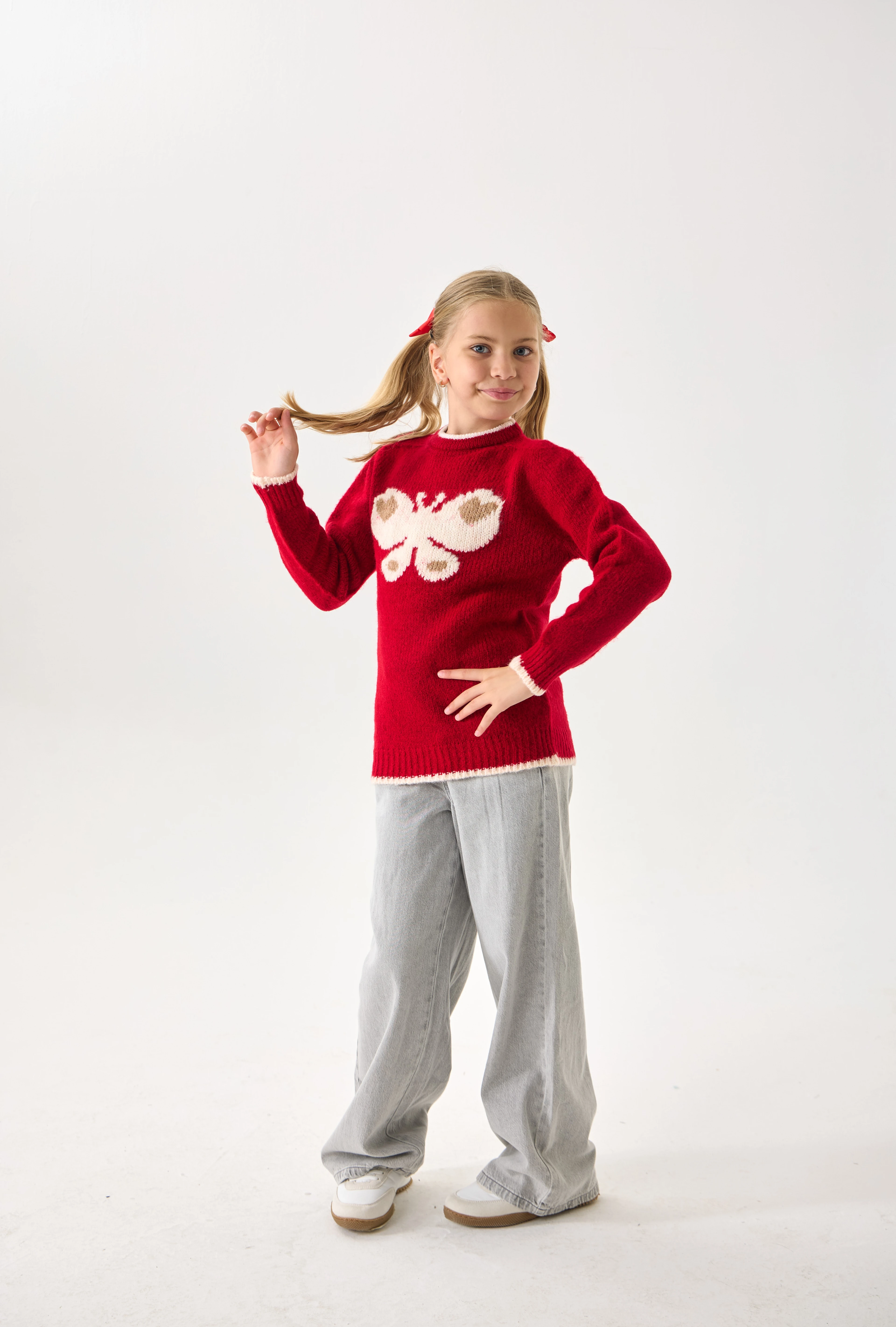  Kelebek Desenli Kız Çocuk Triko Kazak - Yumuşak Dokulu - Kırmızı