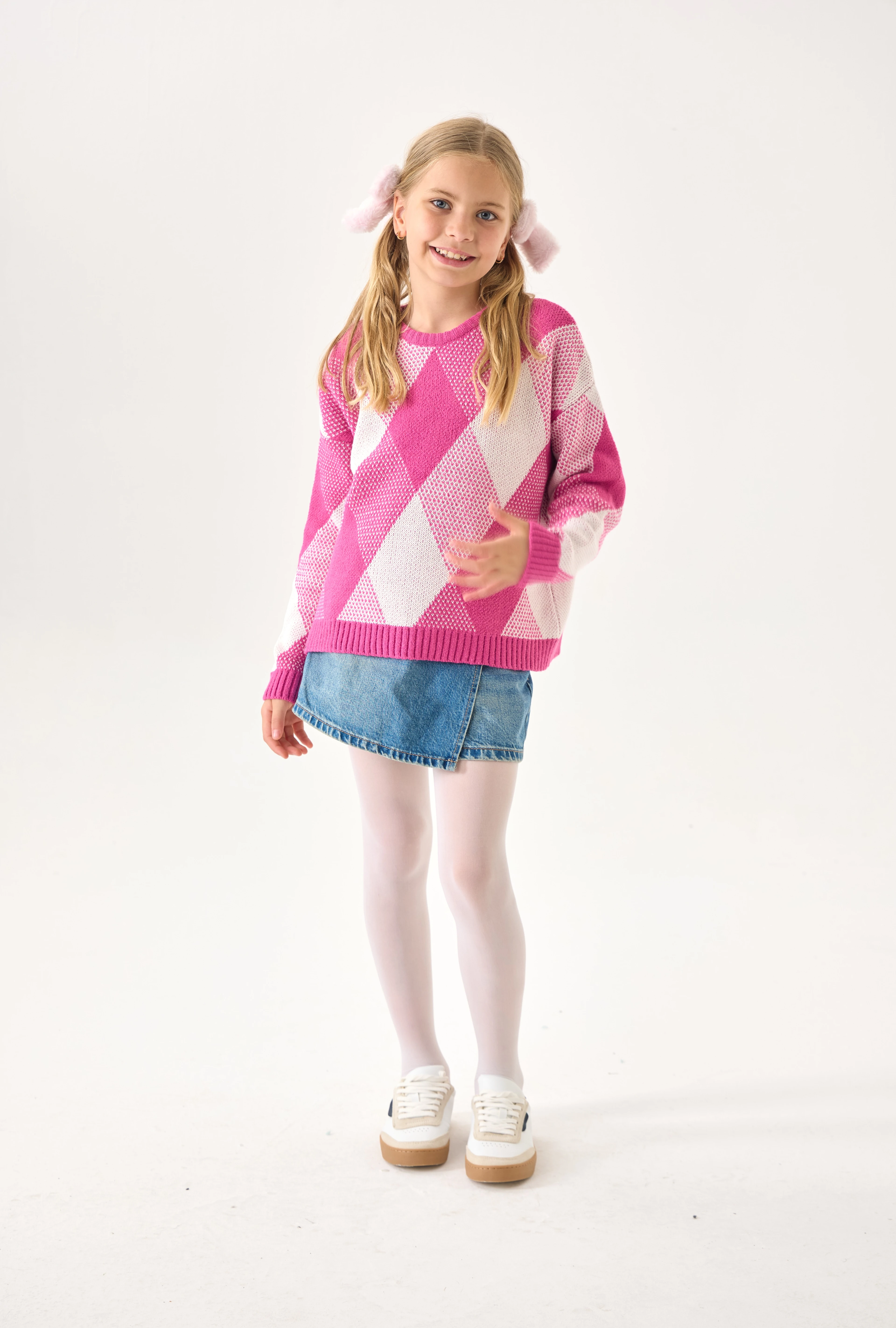 Kız Çocuk Triko Kazak – Baklava Desenli / Uzun Kollu / Bisiklet Yaka - Pembe