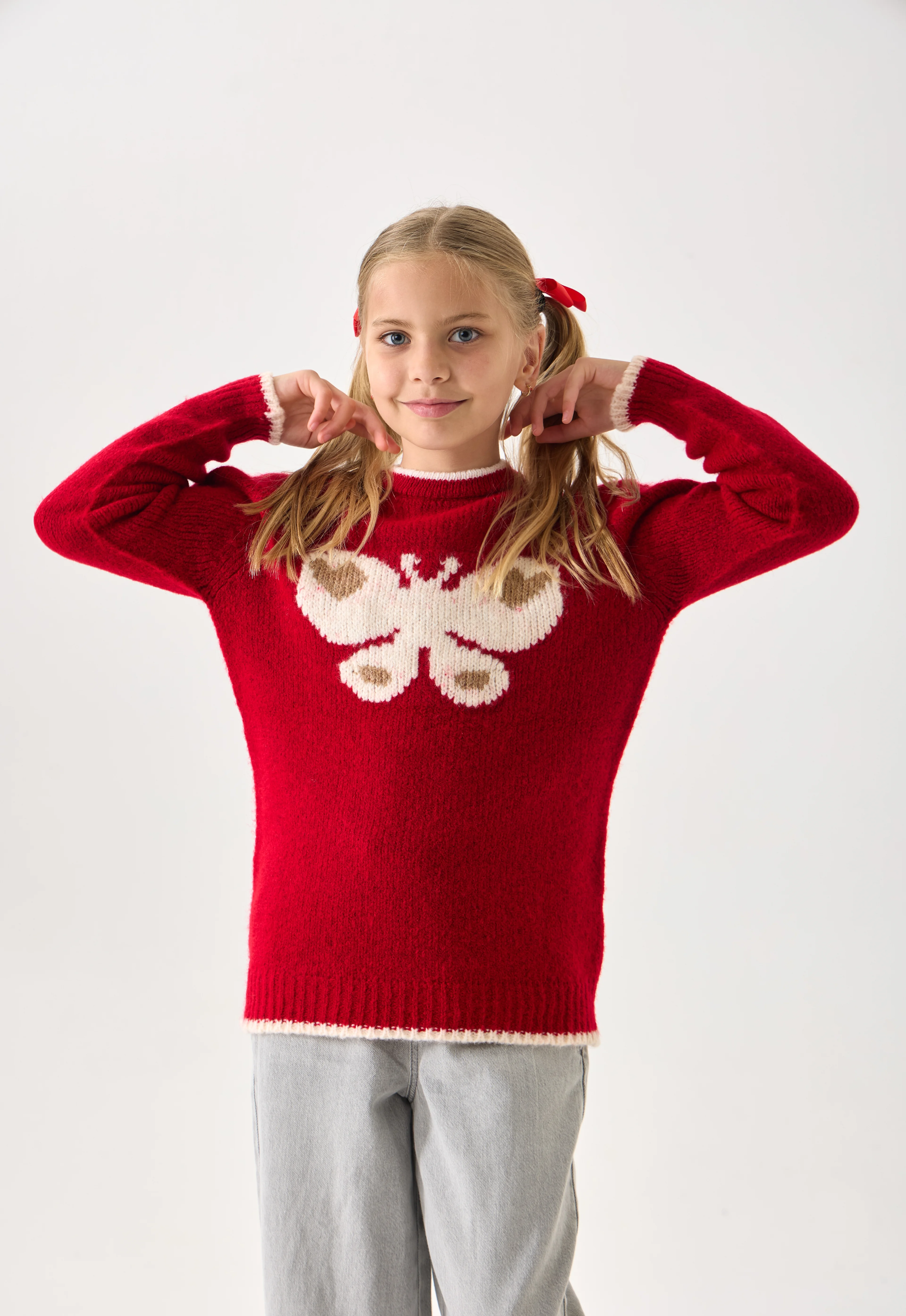  Kelebek Desenli Kız Çocuk Triko Kazak - Yumuşak Dokulu - Kırmızı