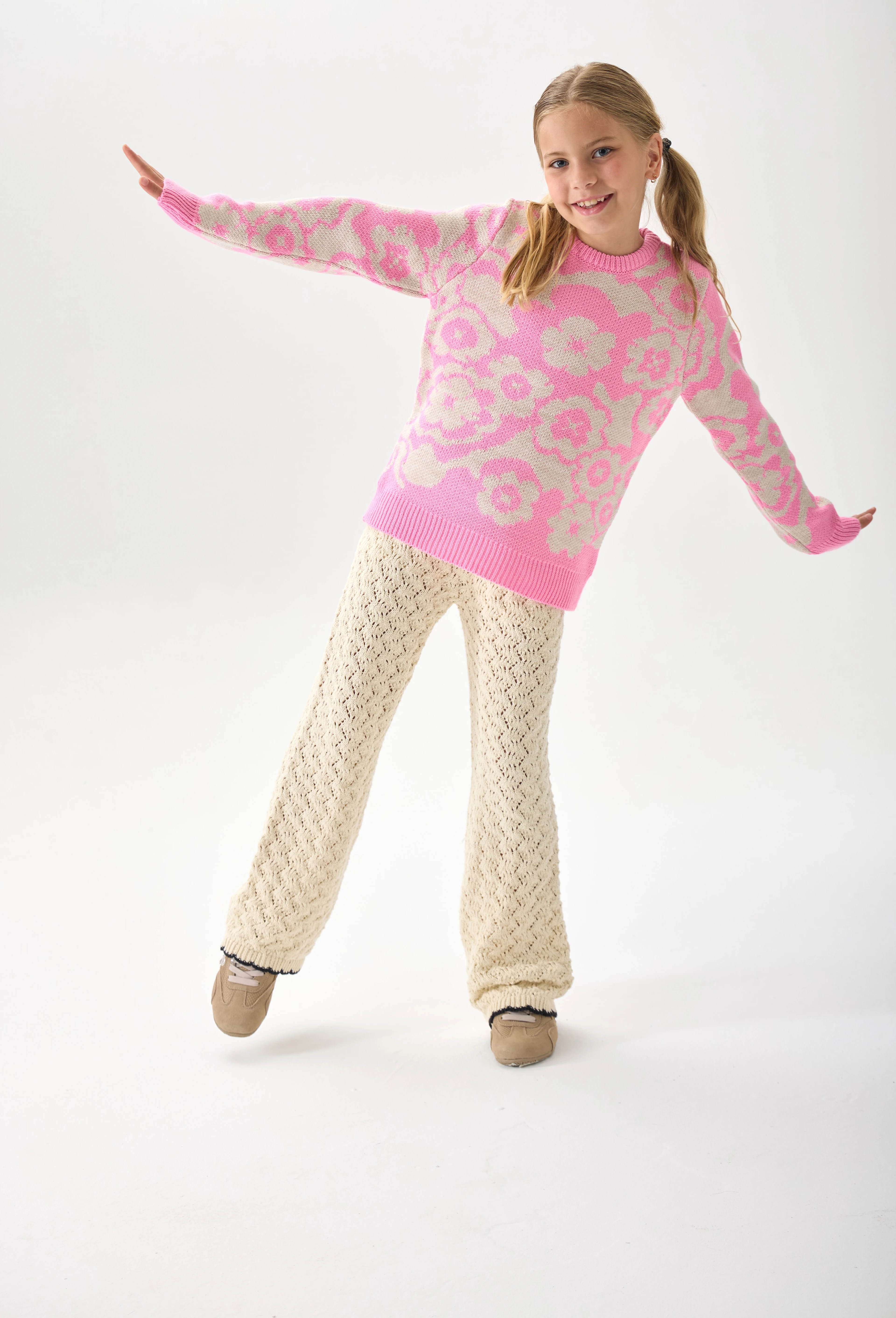 Çiçek Desenli Kız Çocuk Kazak Triko - Pembe