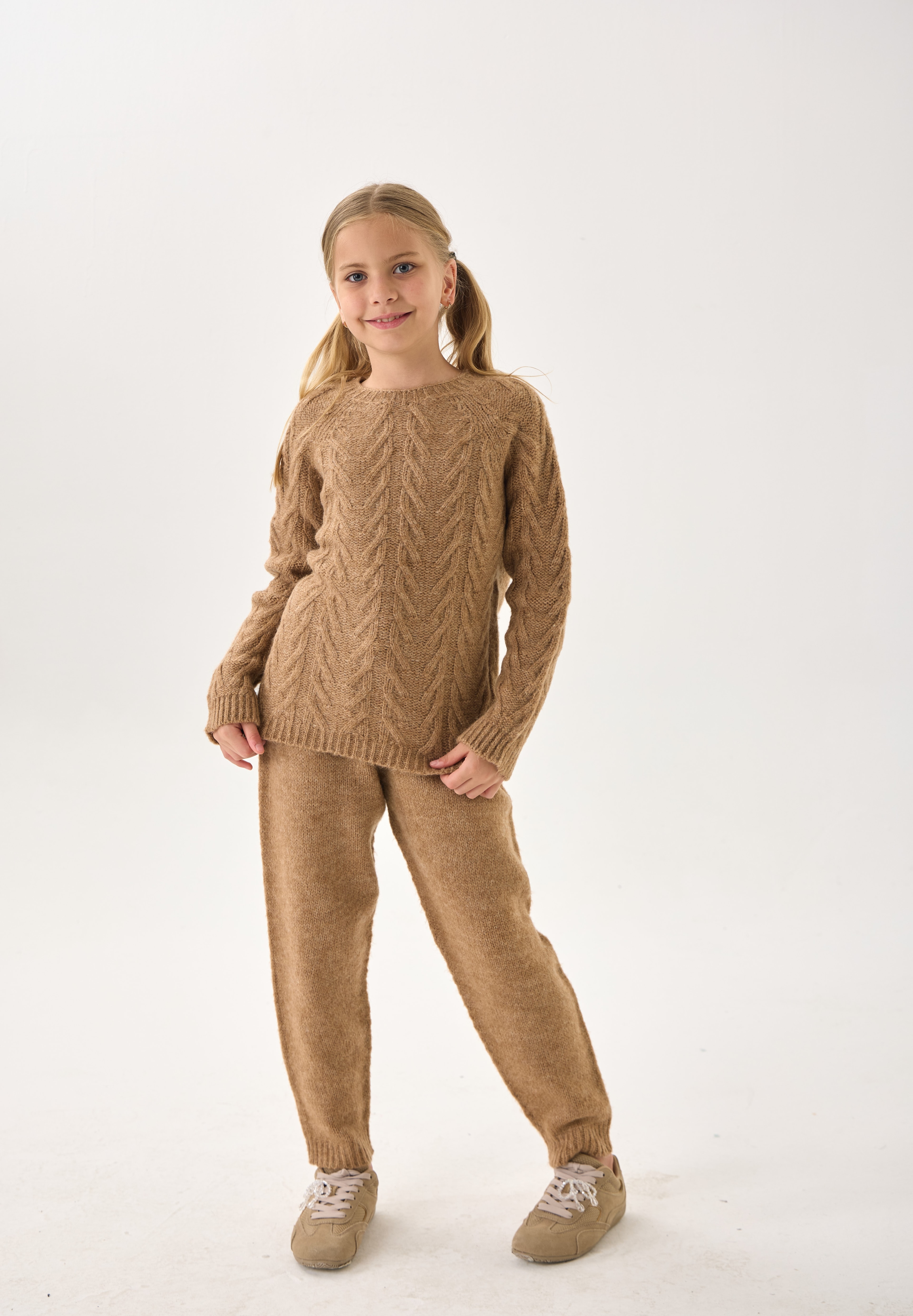  Unisex Çocuk İkili Takım – Triko Kazak ve Alt / Rahat Kalıp - Camel