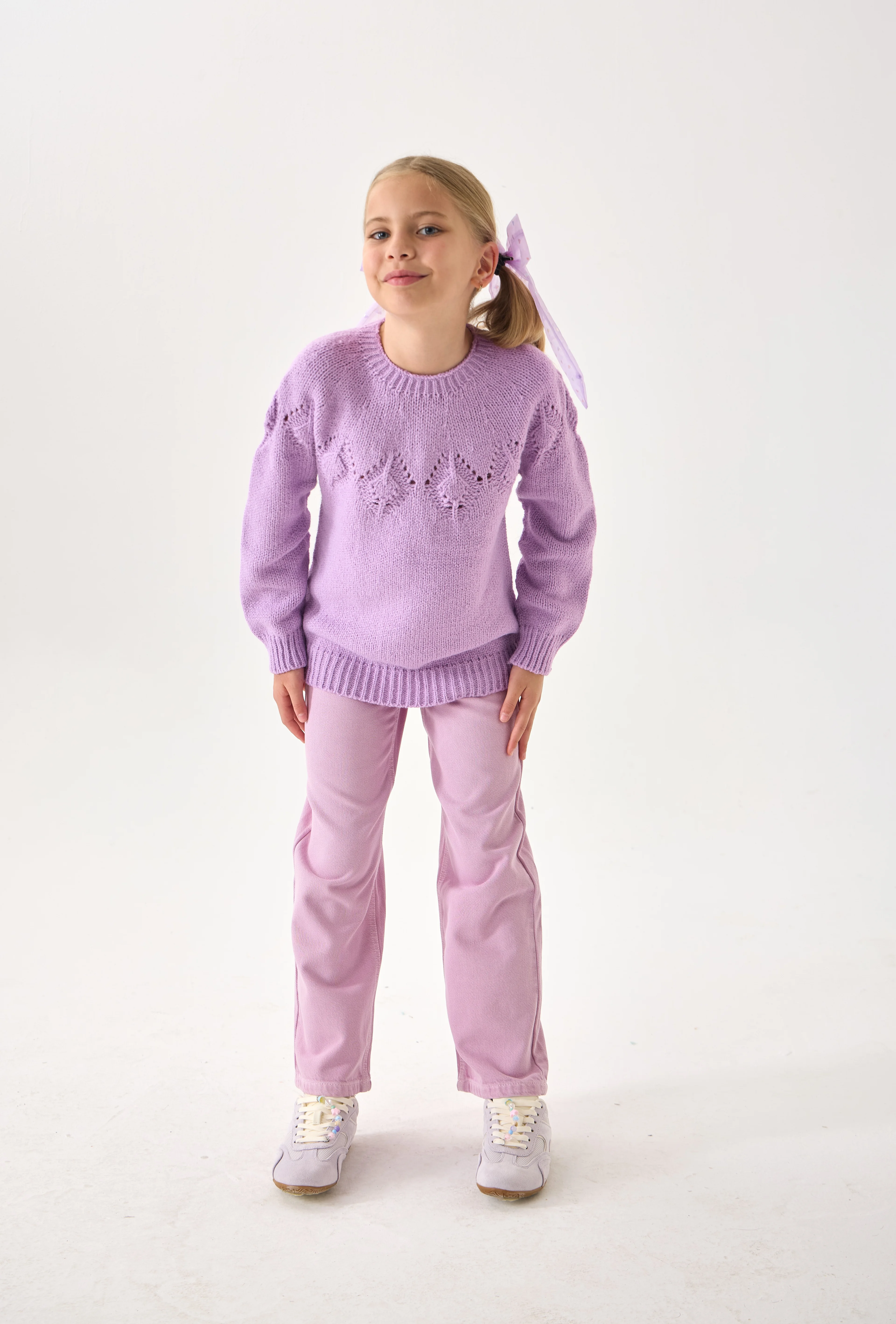 Kız Çocuk Triko Kazak - Bisiklet Yaka ve Uzun Kollu Günlük Model - Lila