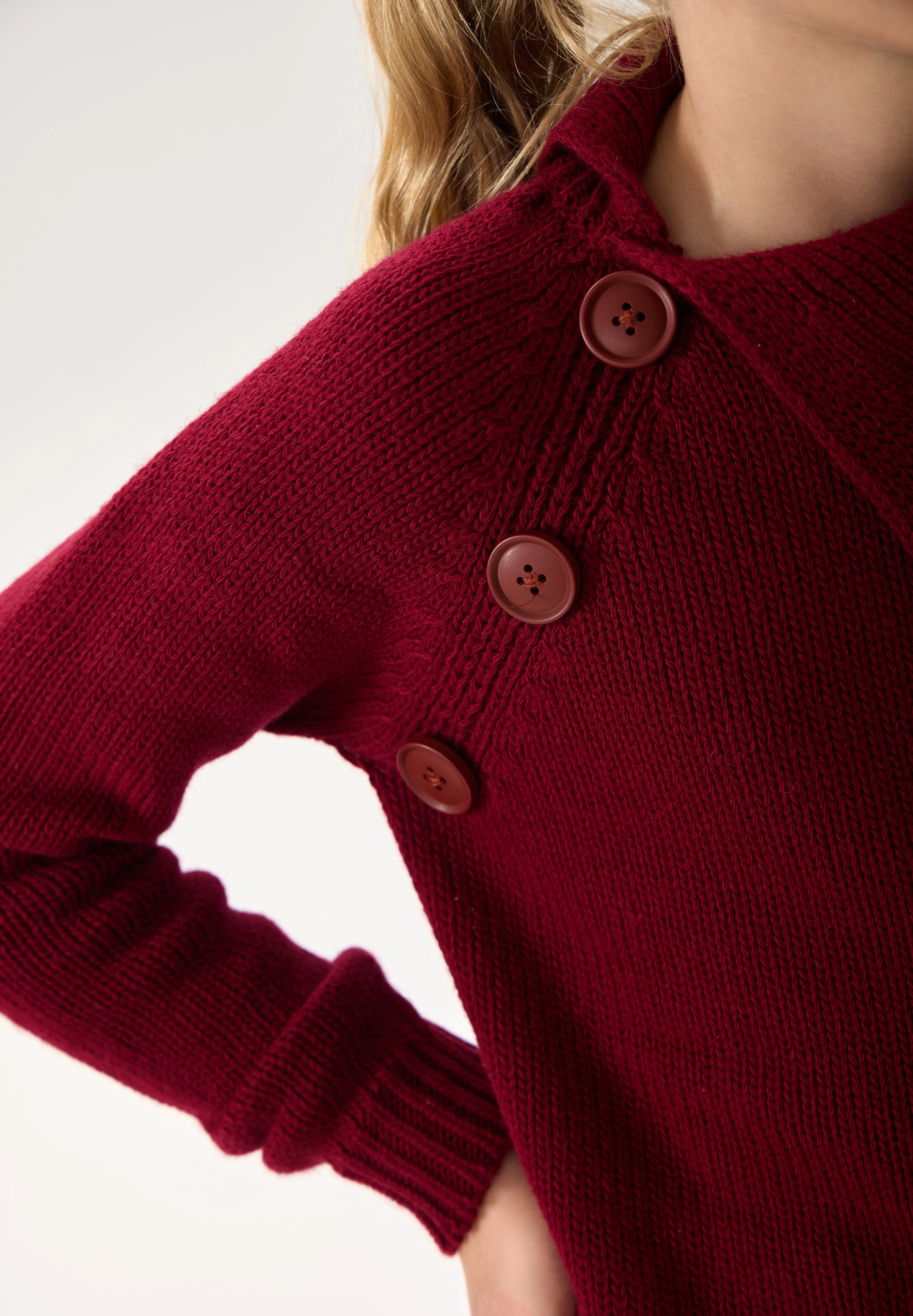 Kız Çocuk Triko Kazak - Düğme Detaylı Geniş Yaka ve Uzun Kollu Model - Bordo