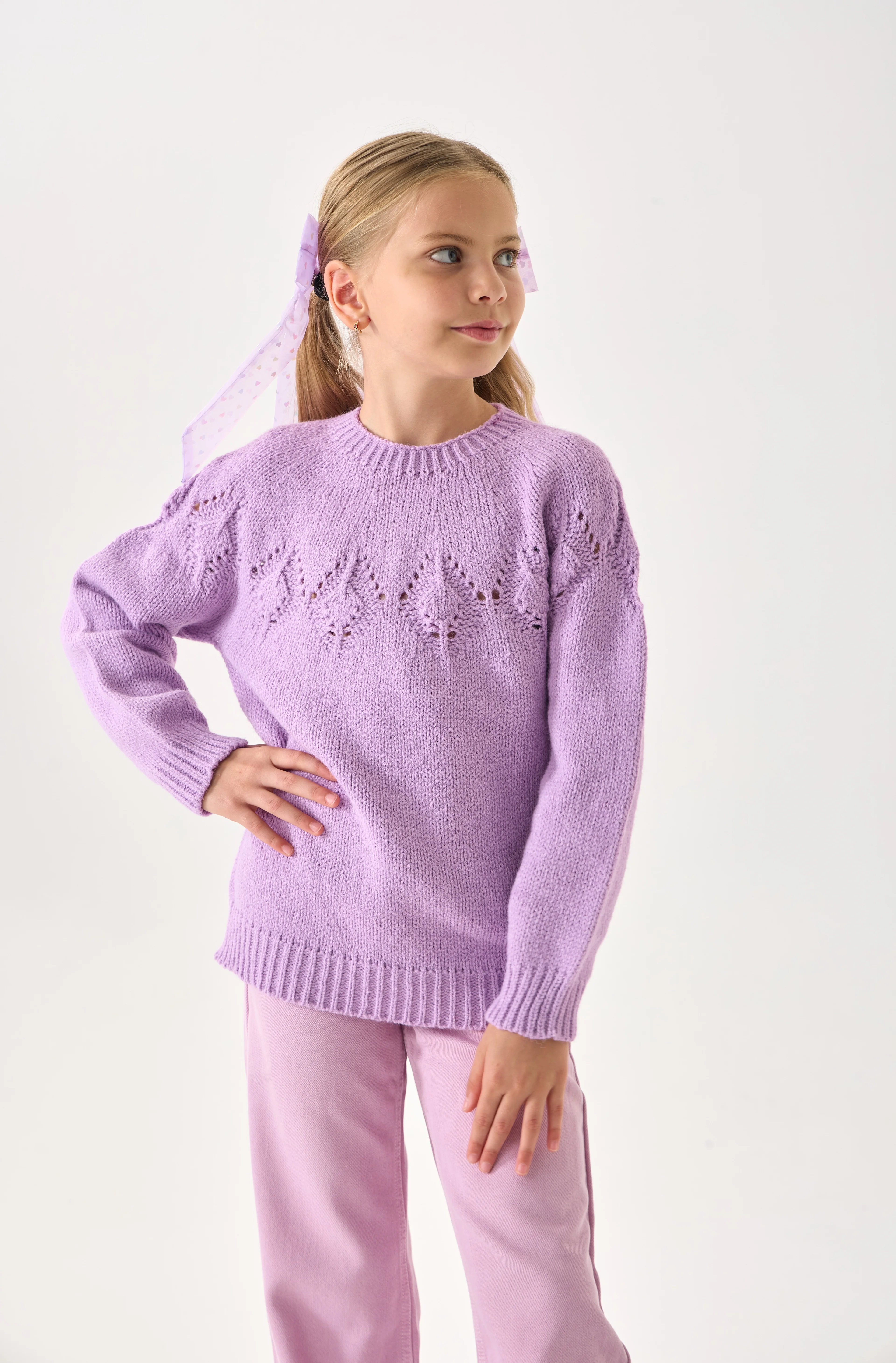 Kız Çocuk Triko Kazak - Bisiklet Yaka ve Uzun Kollu Günlük Model - Lila