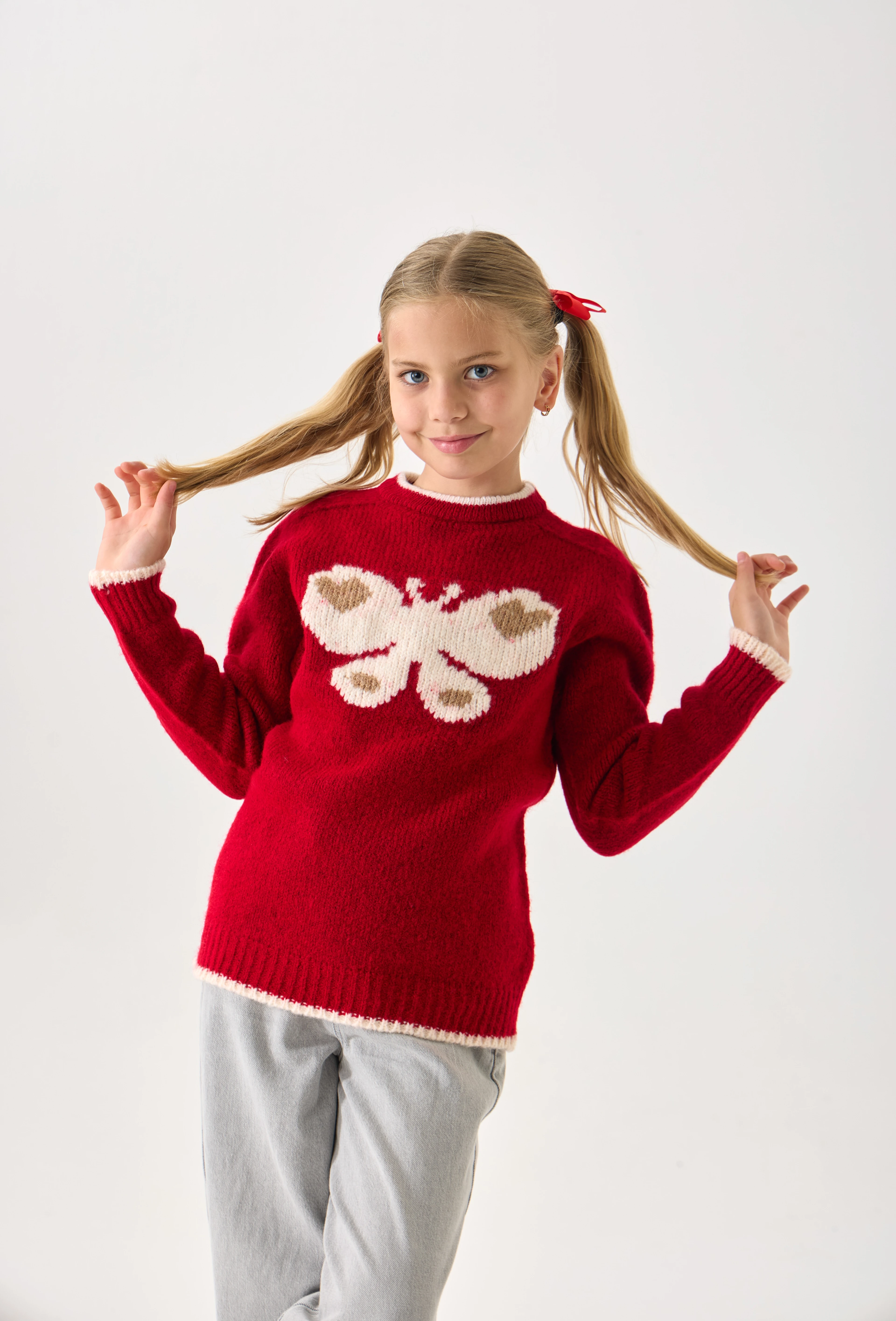  Kelebek Desenli Kız Çocuk Triko Kazak - Yumuşak Dokulu - Kırmızı