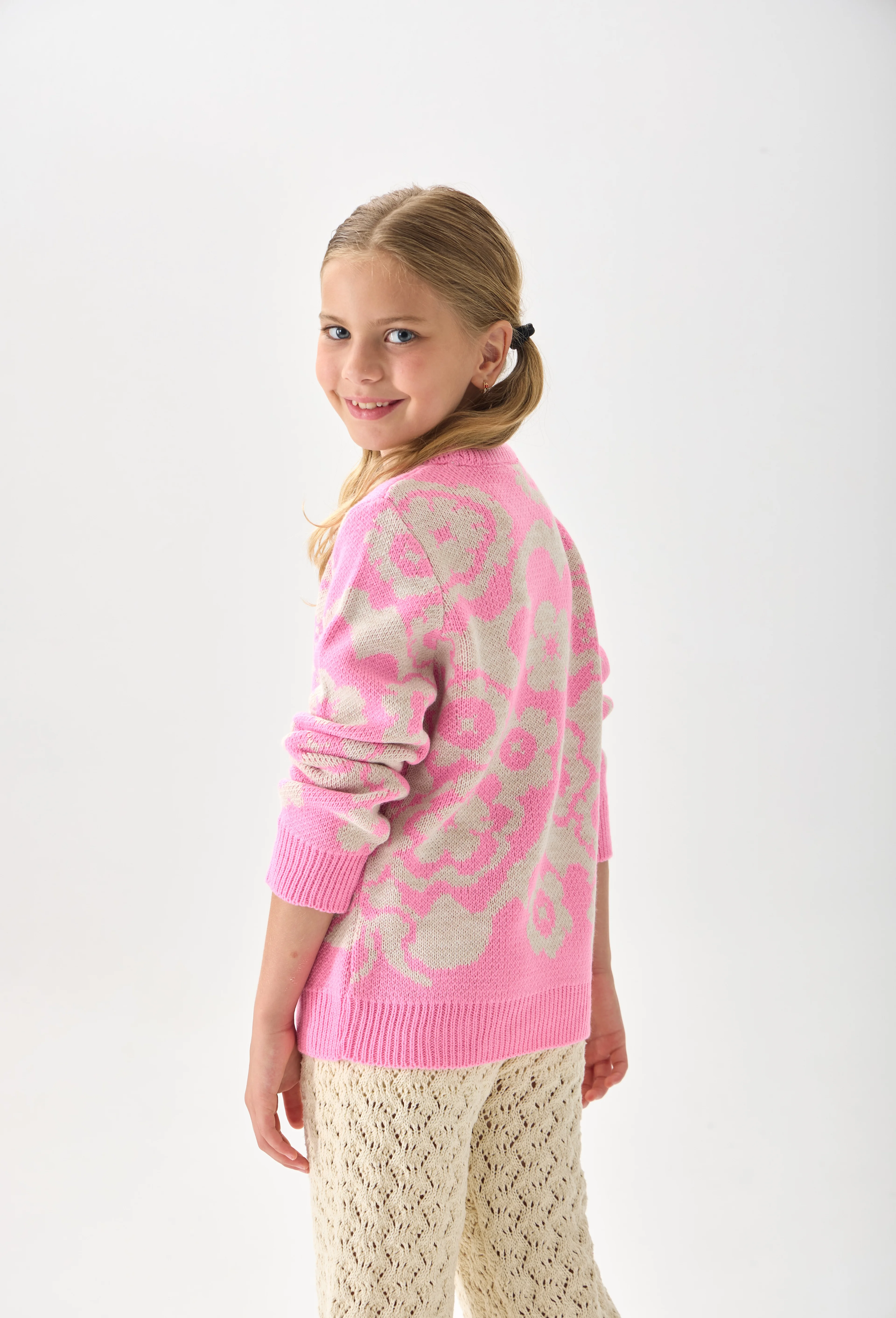 Çiçek Desenli Kız Çocuk Kazak Triko - Pembe