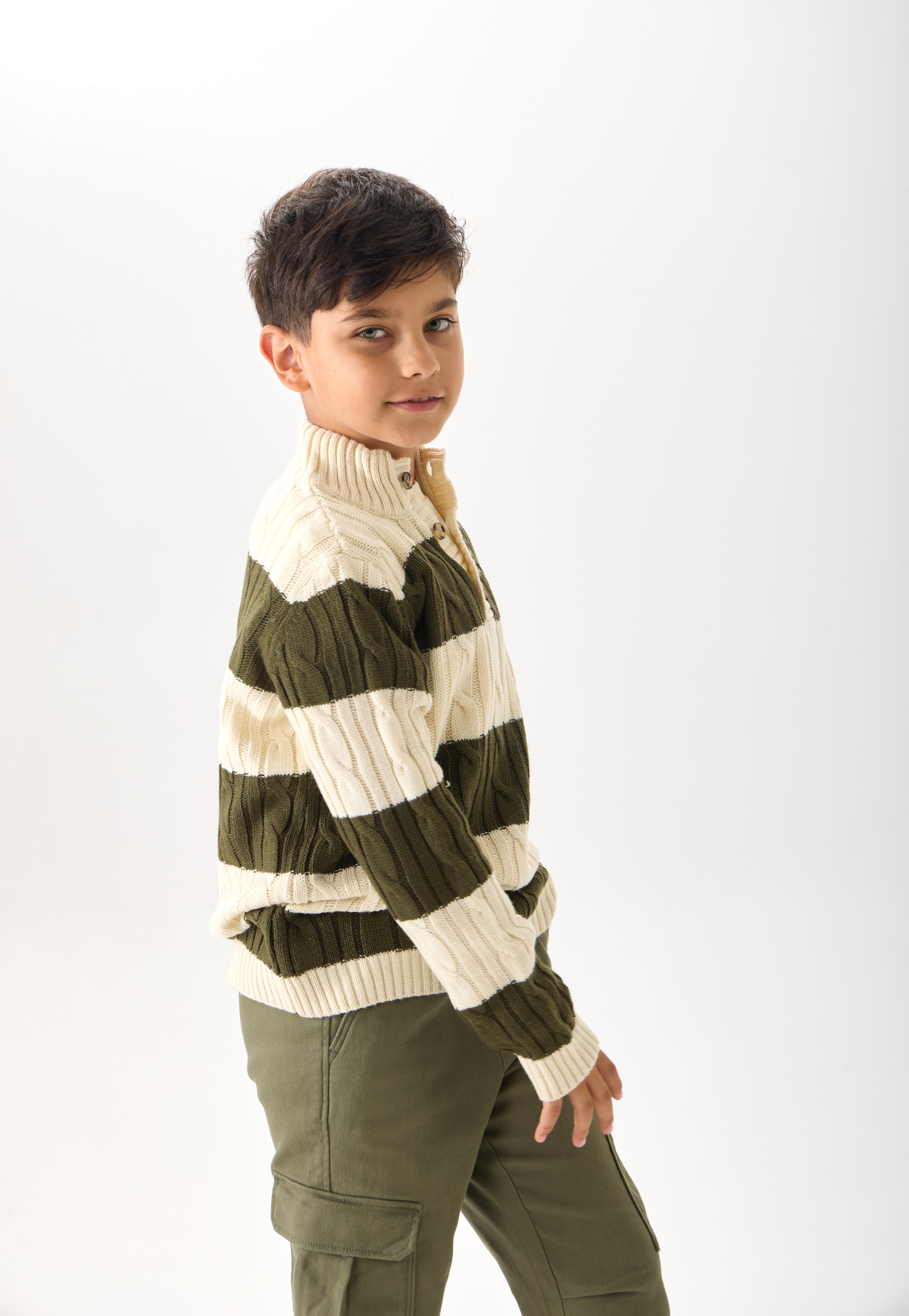 Erkek Çocuk Çizgili Düğmeli Triko Kazak - Haki
