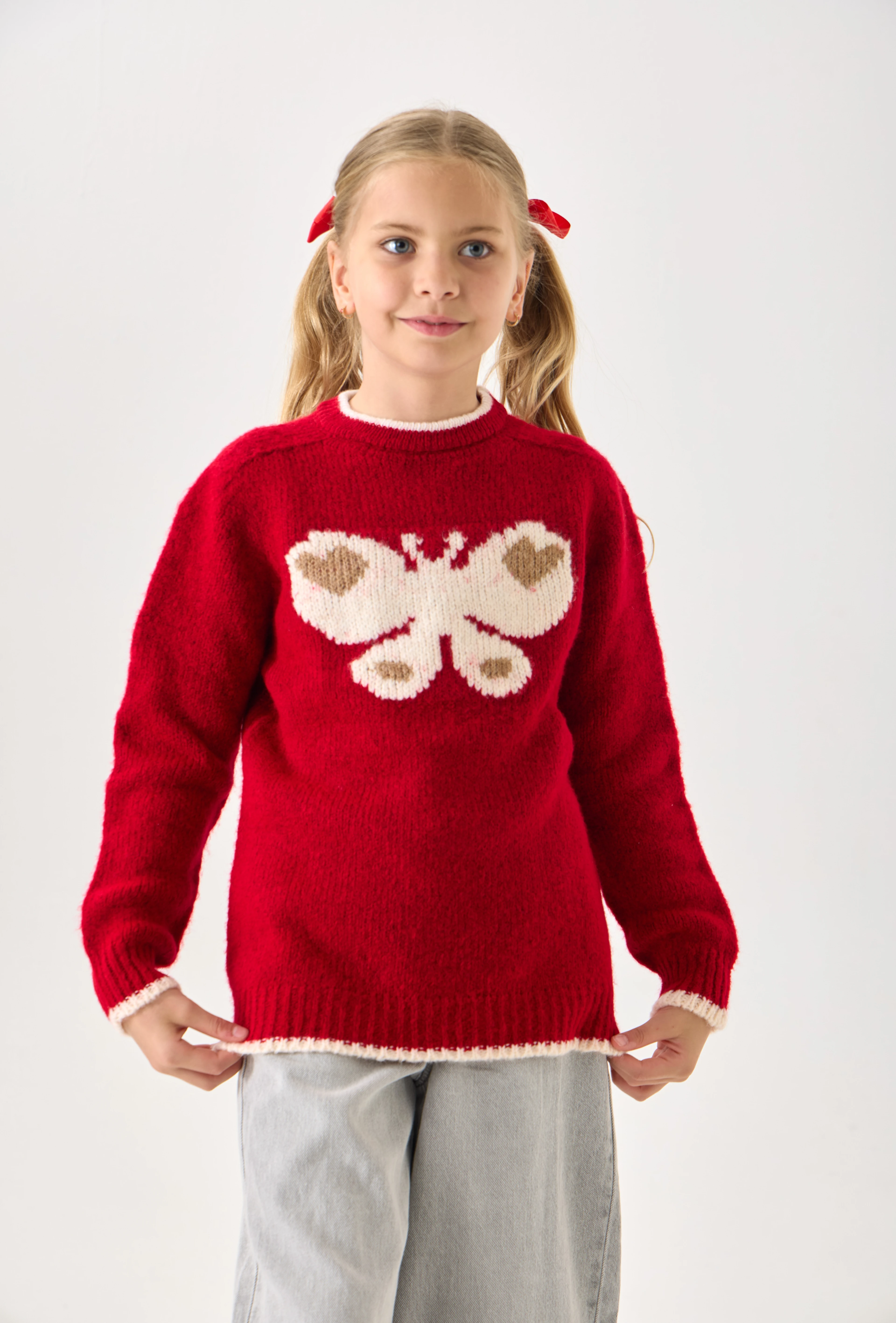  Kelebek Desenli Kız Çocuk Triko Kazak - Yumuşak Dokulu - Kırmızı