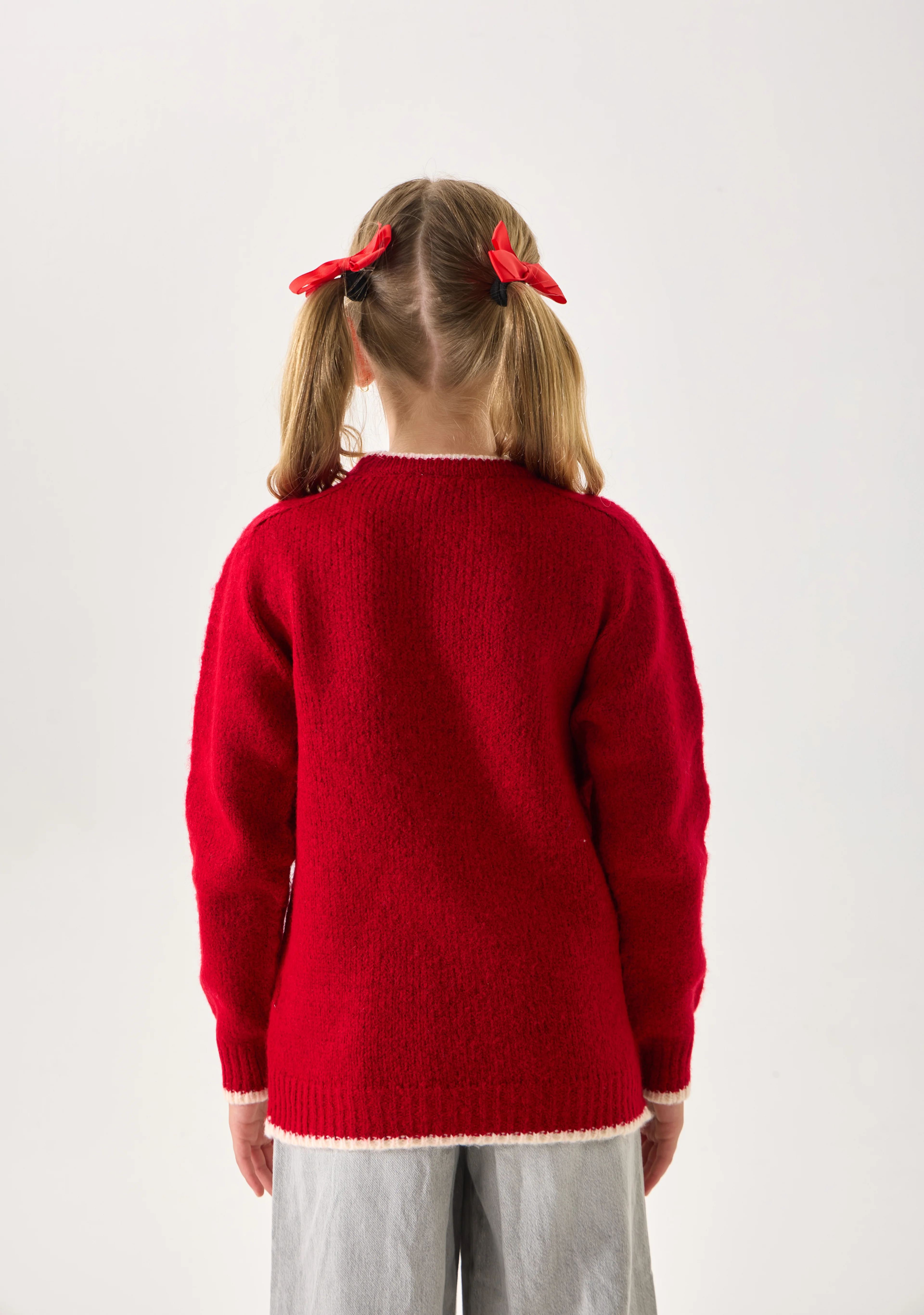  Kelebek Desenli Kız Çocuk Triko Kazak - Yumuşak Dokulu - Kırmızı