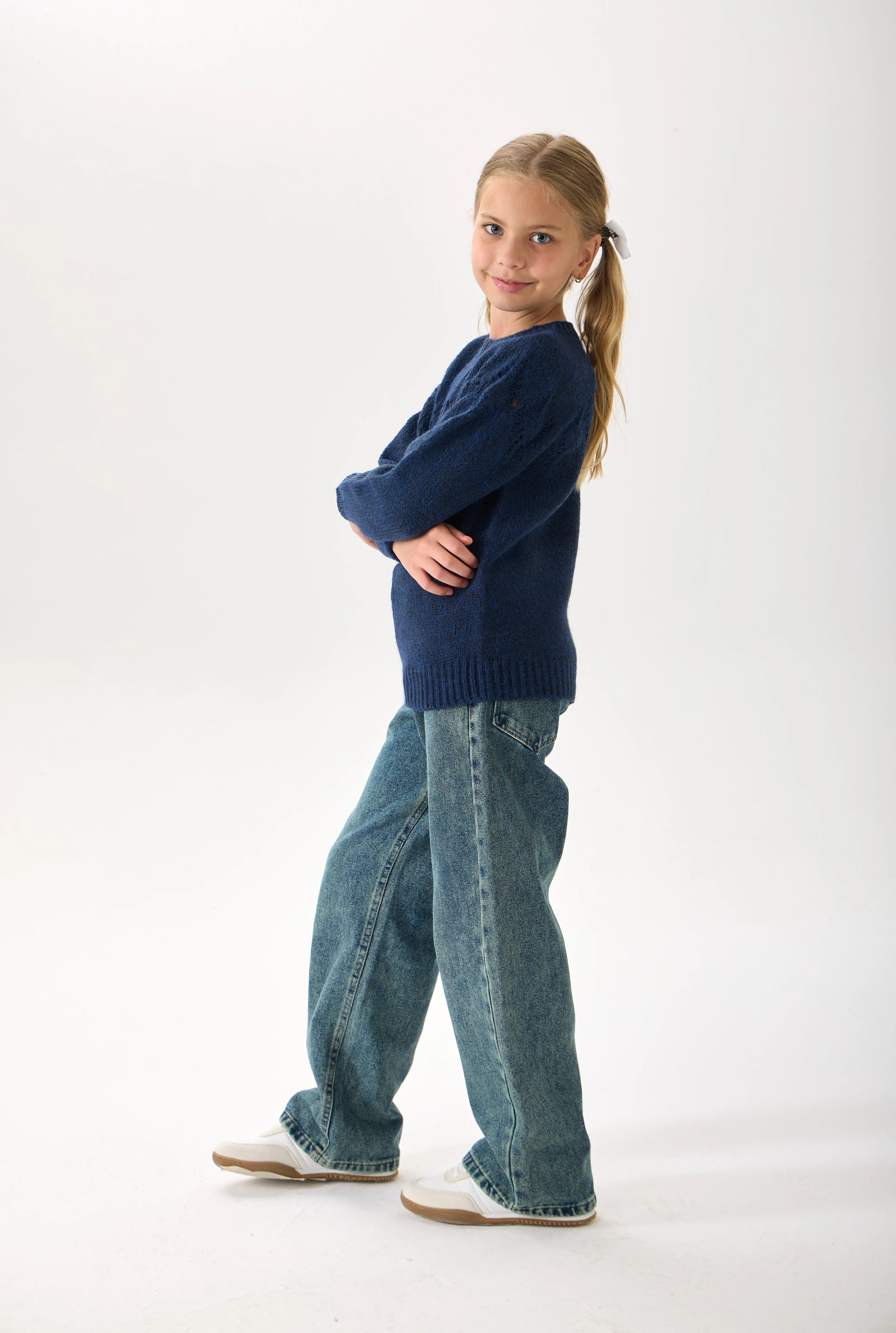 Kız Çocuk Triko Kazak - Bisiklet Yaka ve Uzun Kollu Günlük Model - Lacivert