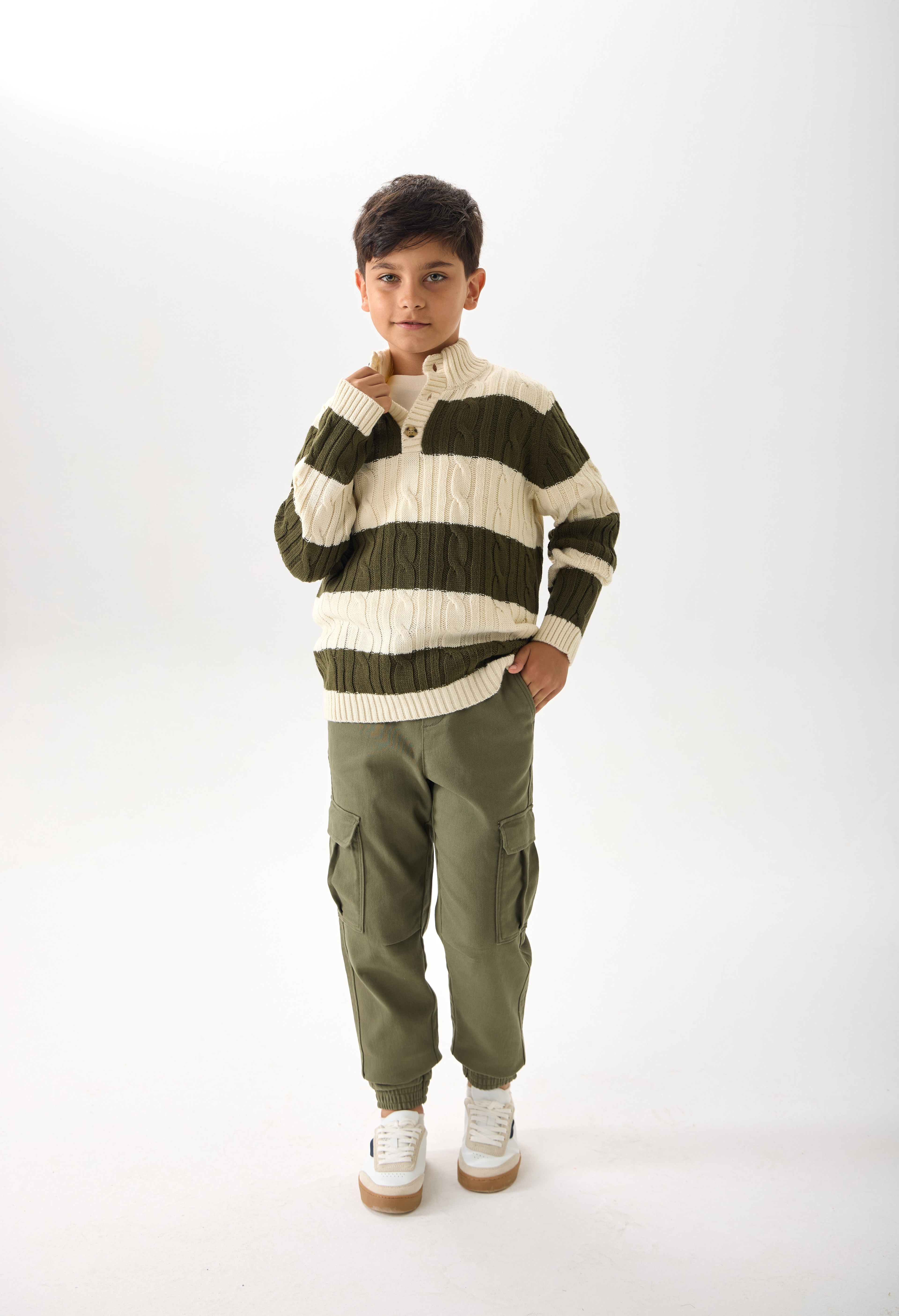 Erkek Çocuk Çizgili Düğmeli Triko Kazak - Haki