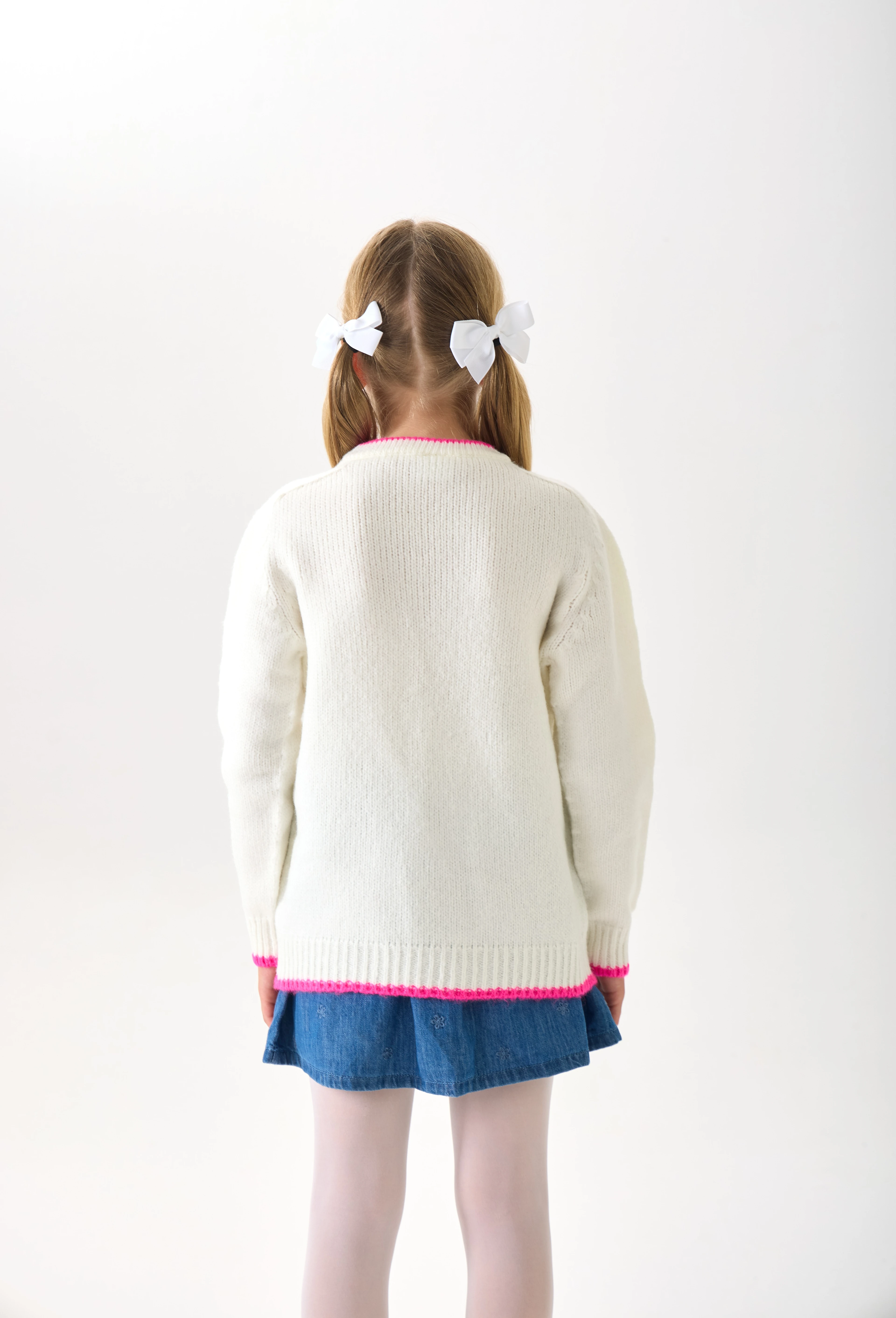  Kelebek Desenli Kız Çocuk Triko Kazak - Yumuşak Dokulu - Ekru