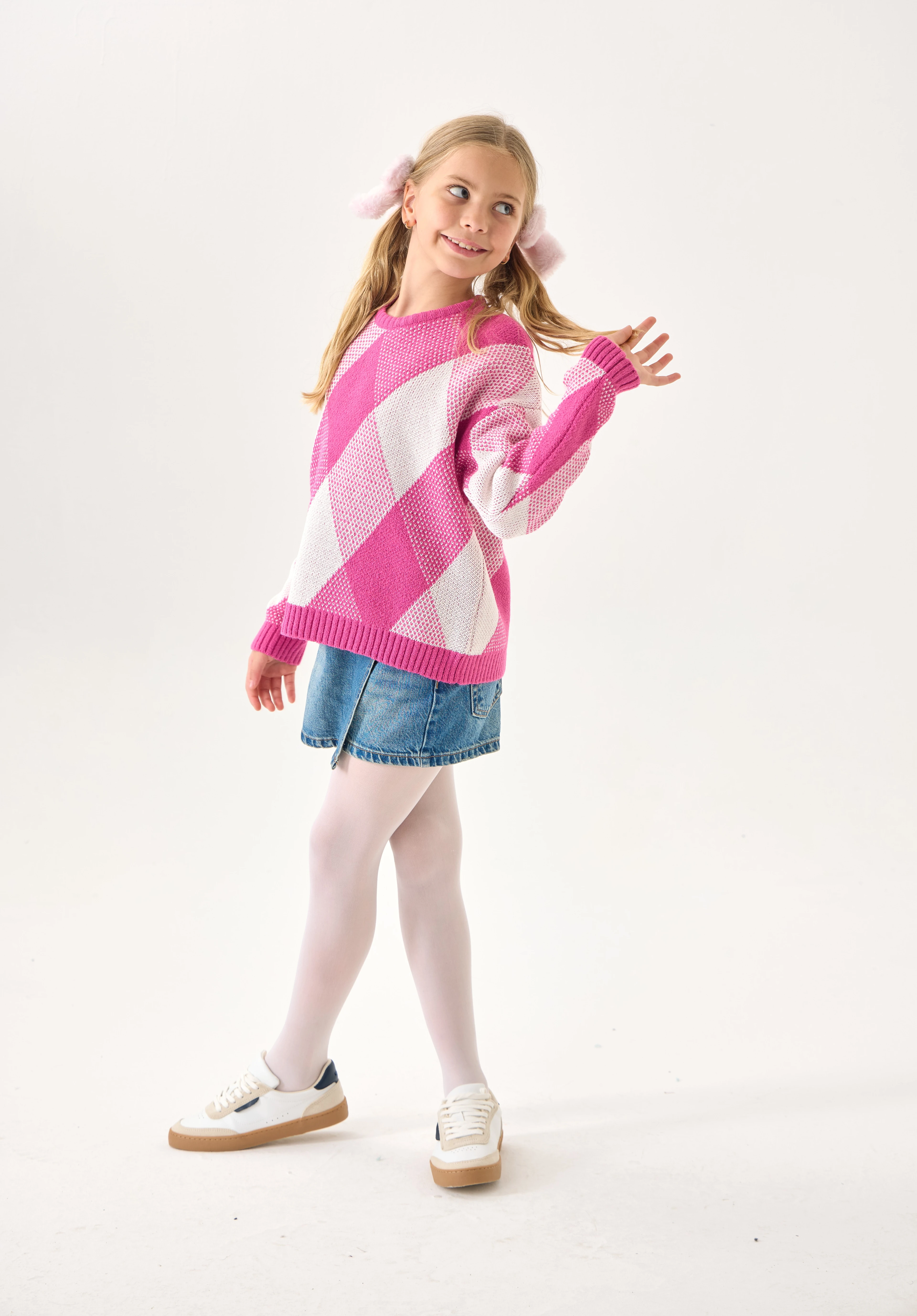 Kız Çocuk Triko Kazak – Baklava Desenli / Uzun Kollu / Bisiklet Yaka - Pembe