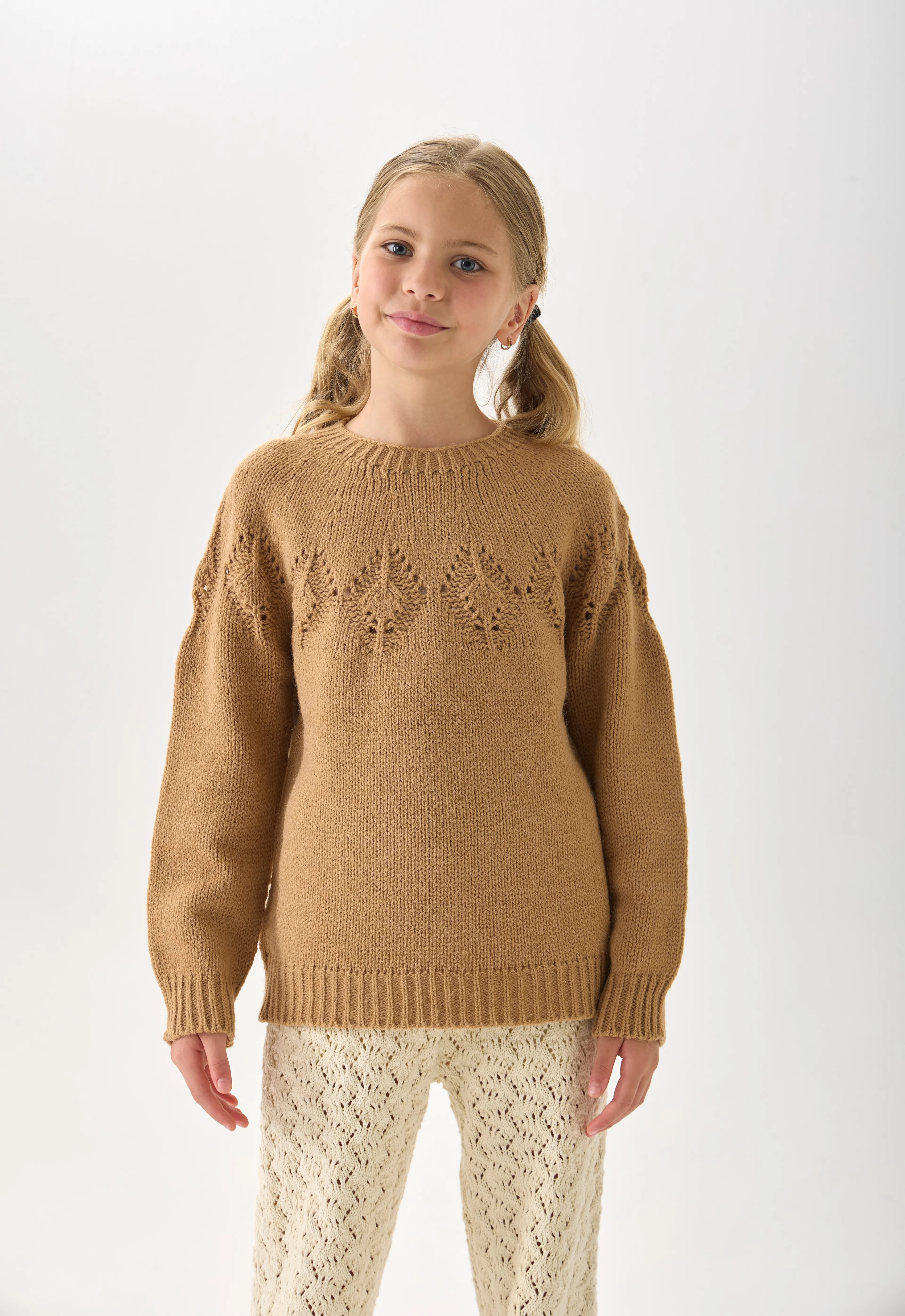 Kız Çocuk Triko Kazak - Bisiklet Yaka ve Uzun Kollu Günlük Model - Camel