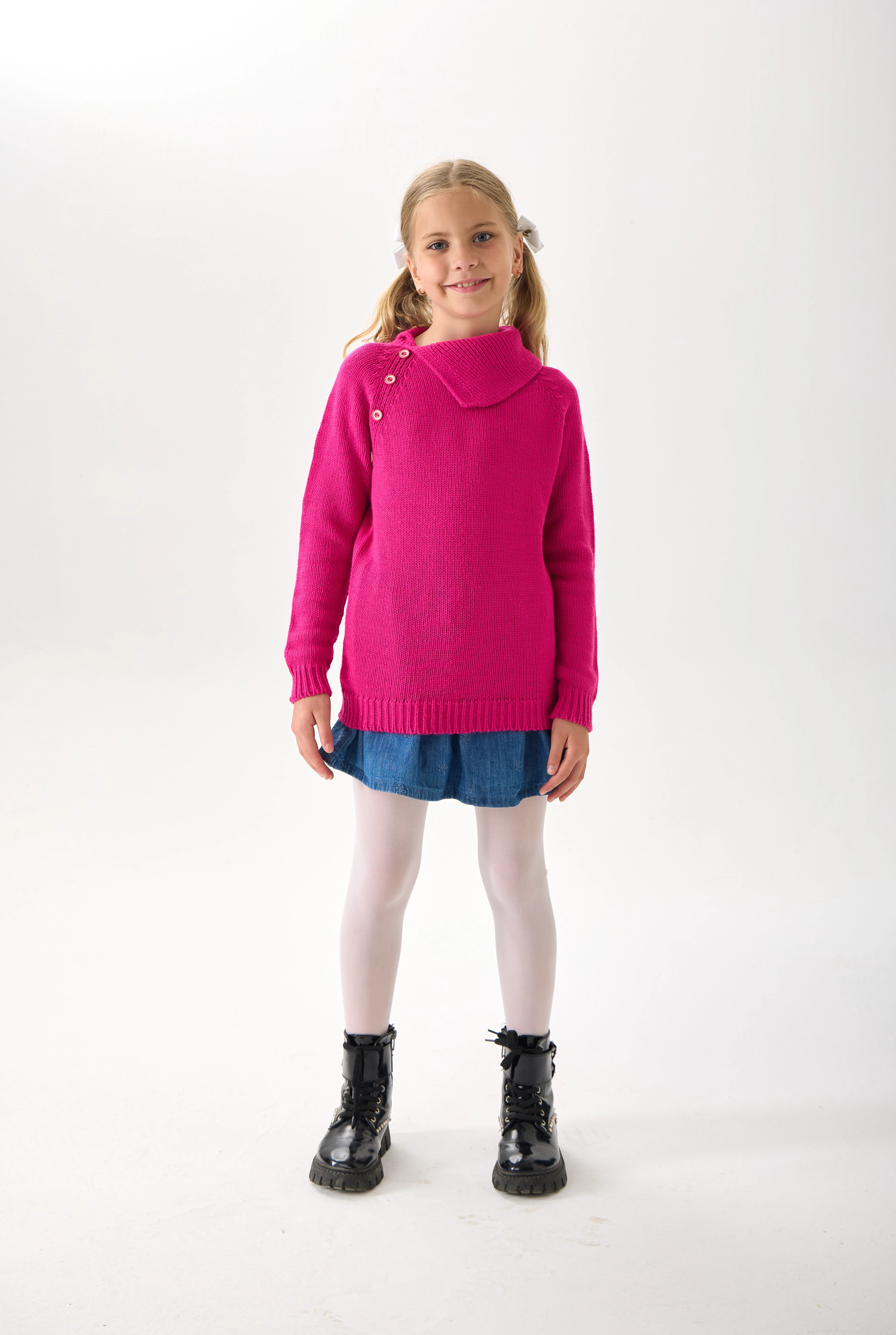 Kız Çocuk Triko Kazak - Düğme Detaylı Geniş Yaka ve Uzun Kollu Model - Pembe