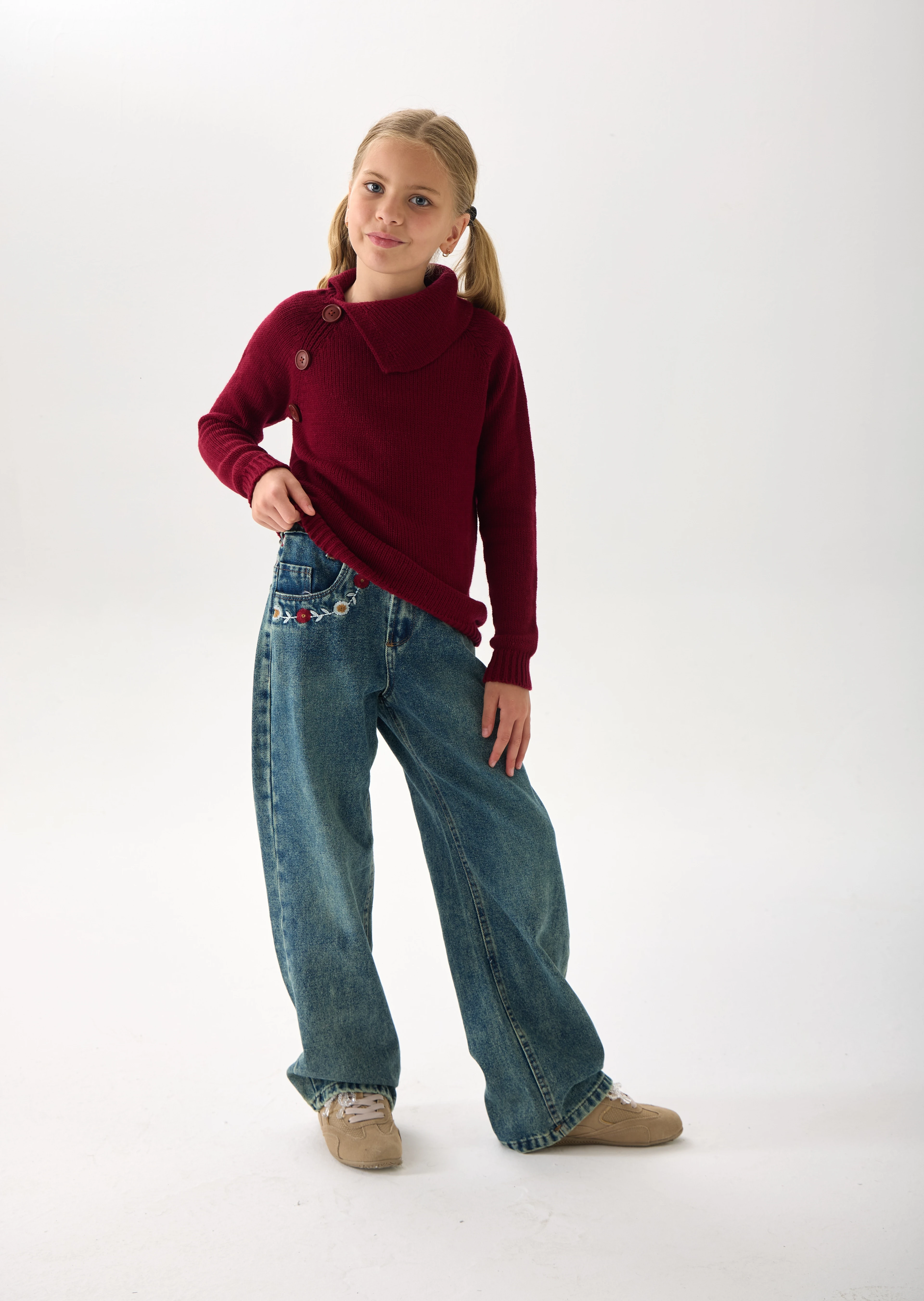 Kız Çocuk Triko Kazak - Düğme Detaylı Geniş Yaka ve Uzun Kollu Model - Bordo