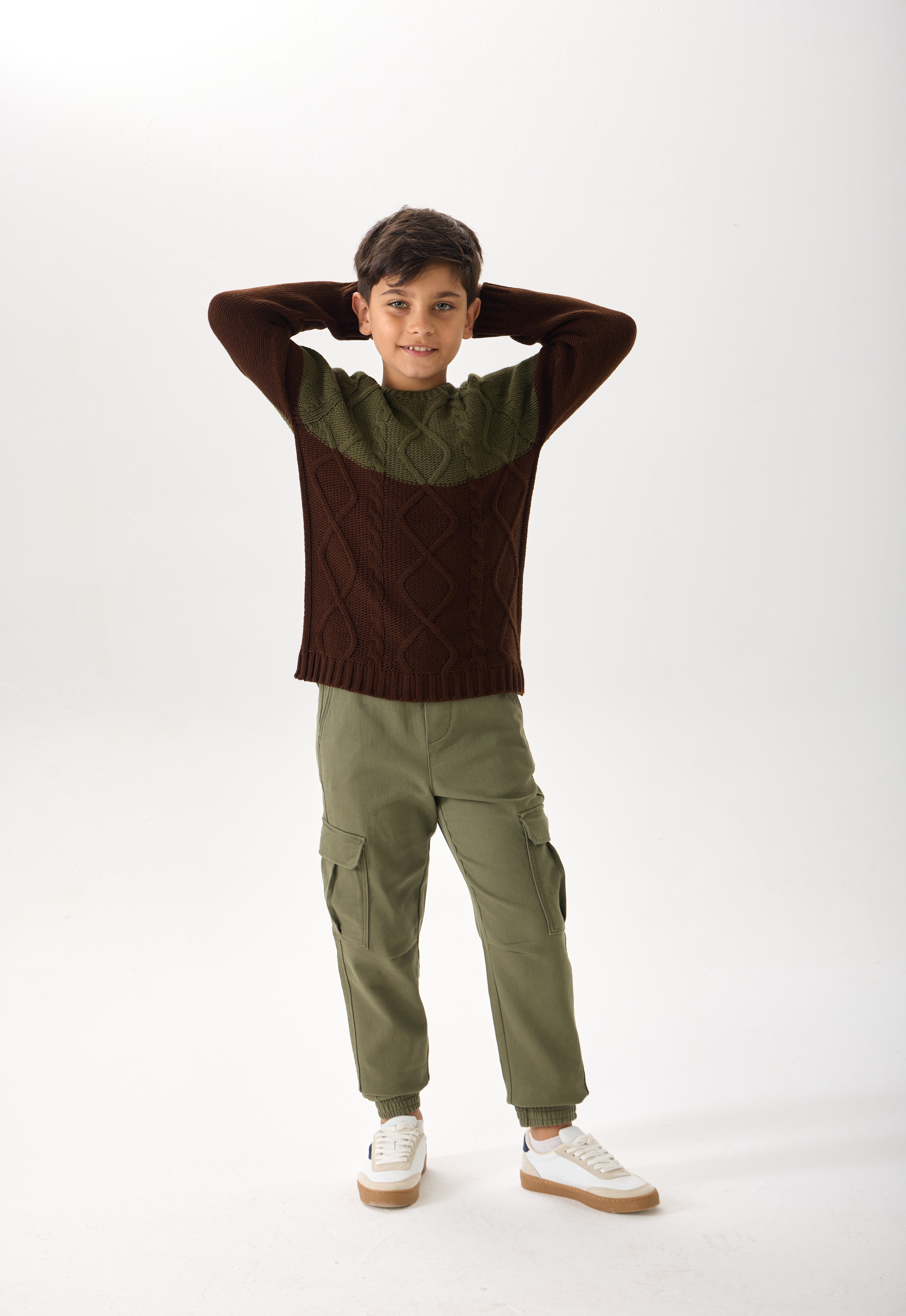 Erkek Çocuk Triko Kazak - Çift Renkli, Bisiklet Yaka ve Uzun Kollu - Haki