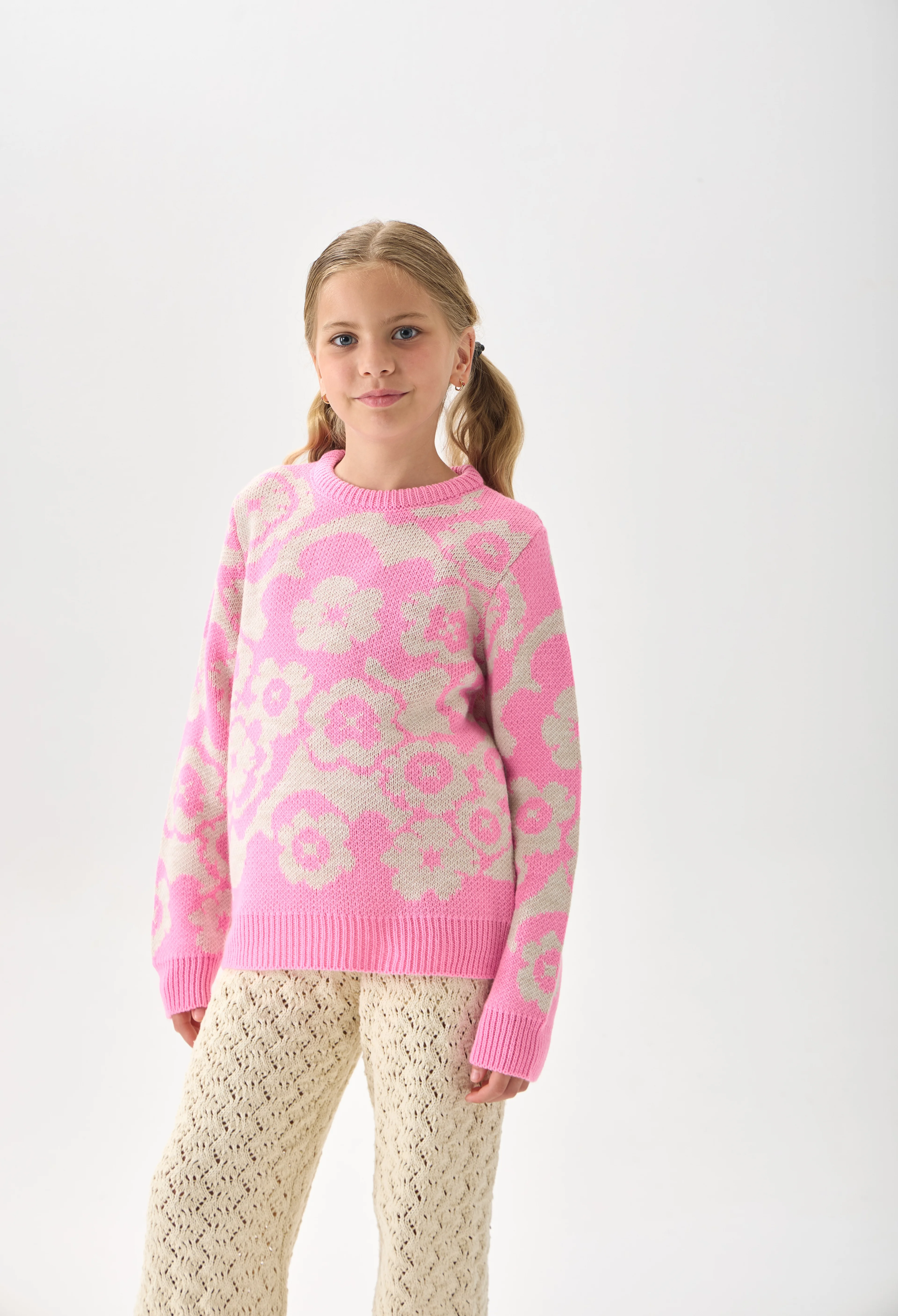 Çiçek Desenli Kız Çocuk Kazak Triko - Pembe