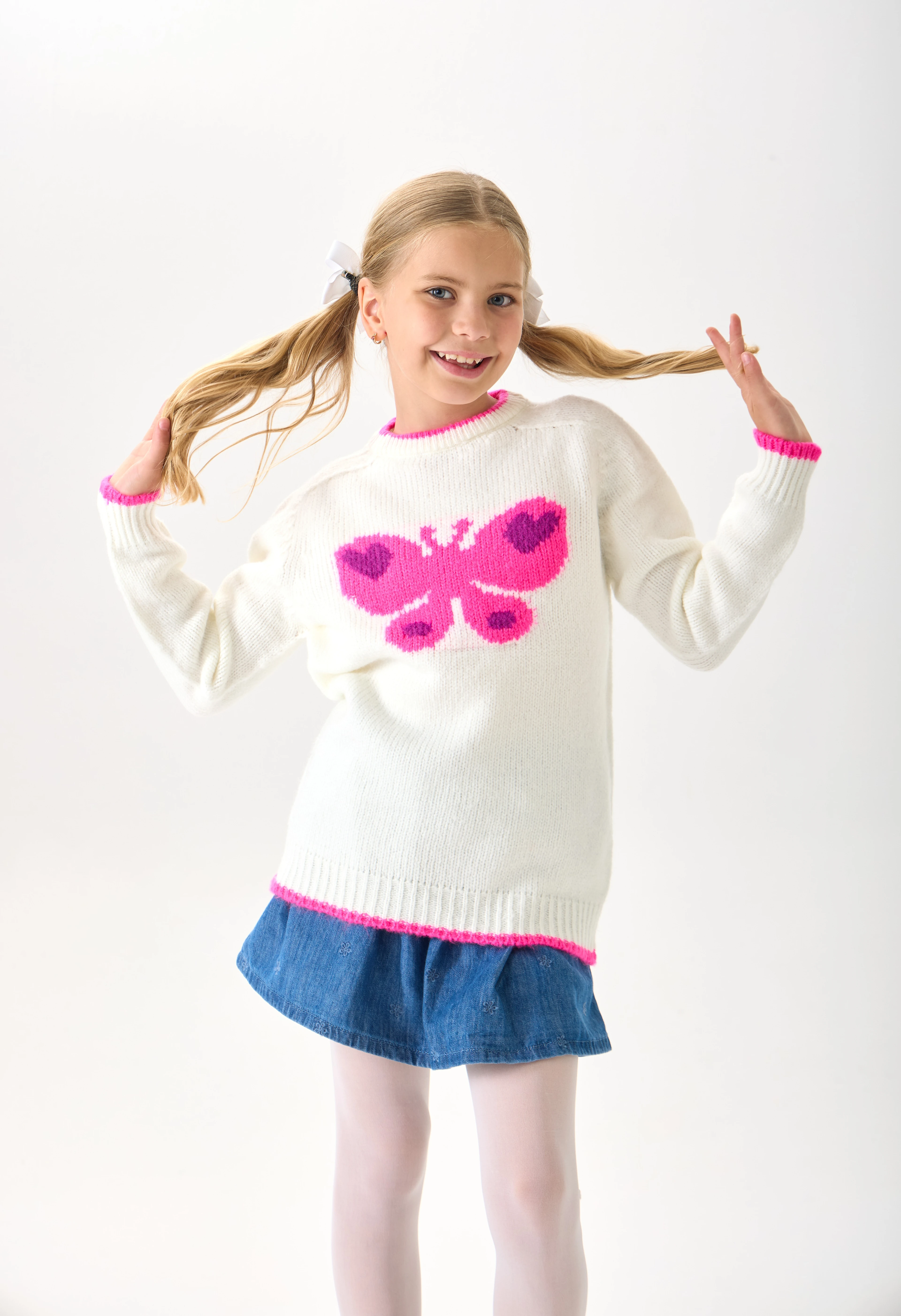  Kelebek Desenli Kız Çocuk Triko Kazak - Yumuşak Dokulu - Ekru