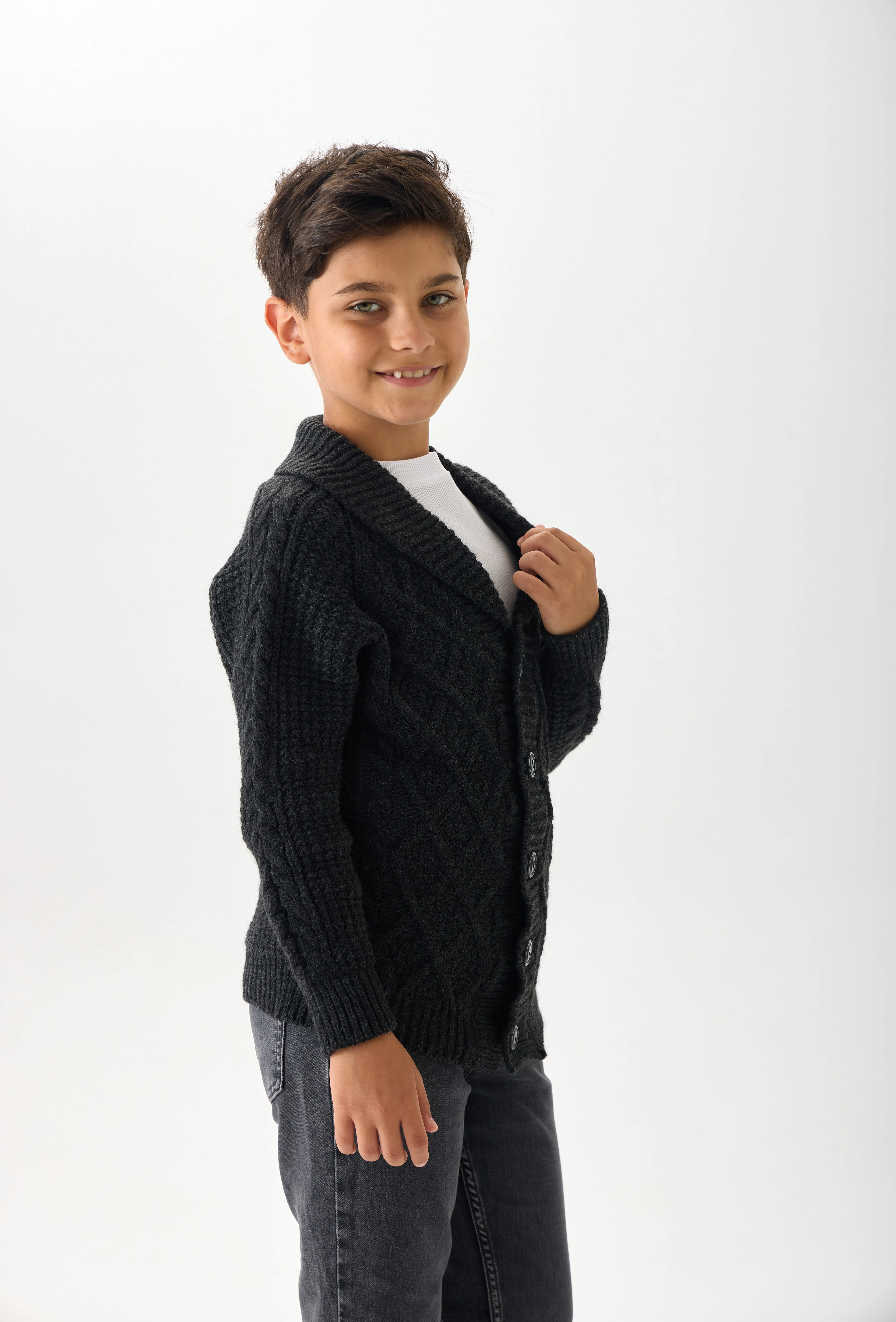 Erkek Çocuk Triko Hırka - Düğmeli ve Rahat Kesim - Antrasit