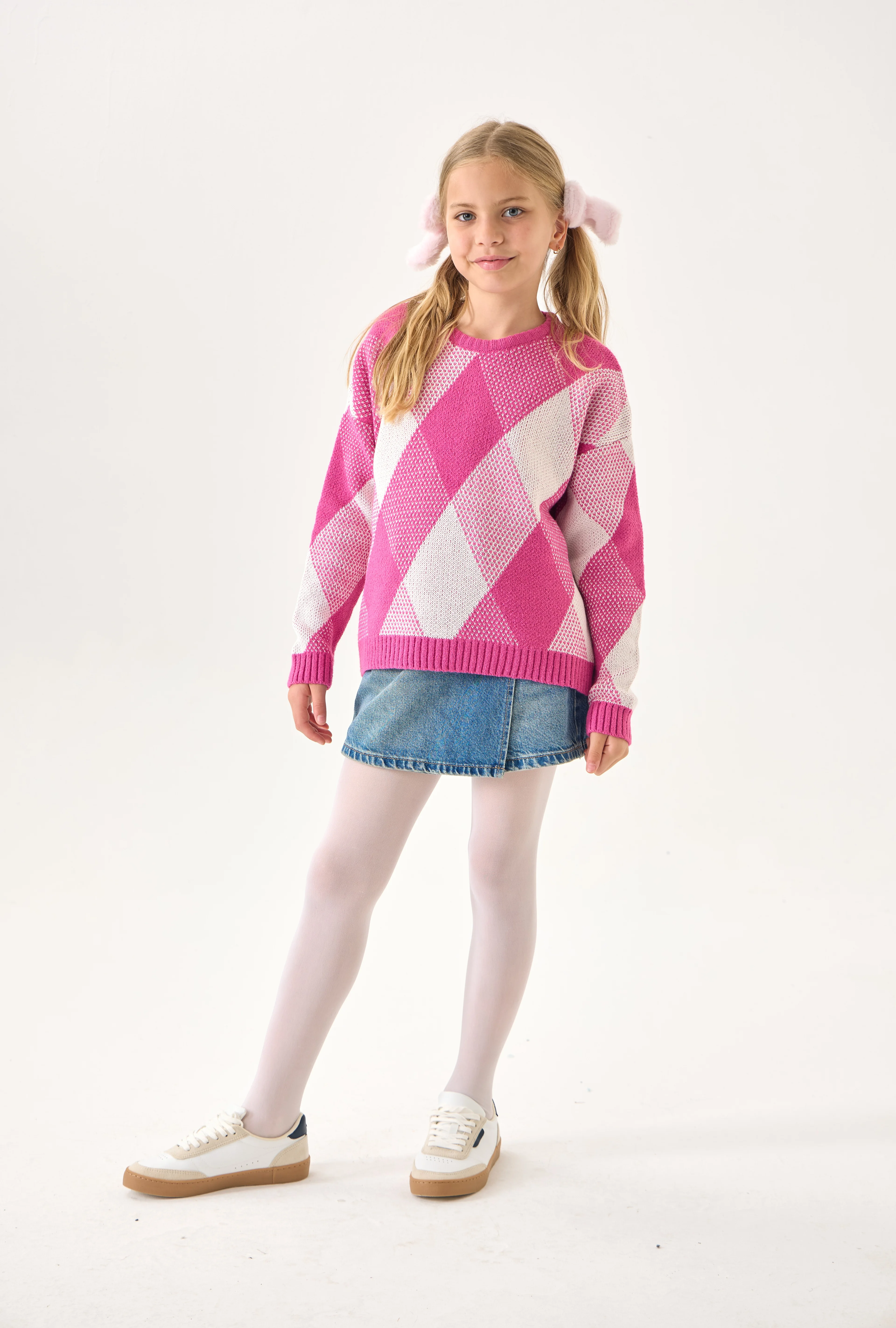 Kız Çocuk Triko Kazak – Baklava Desenli / Uzun Kollu / Bisiklet Yaka - Pembe