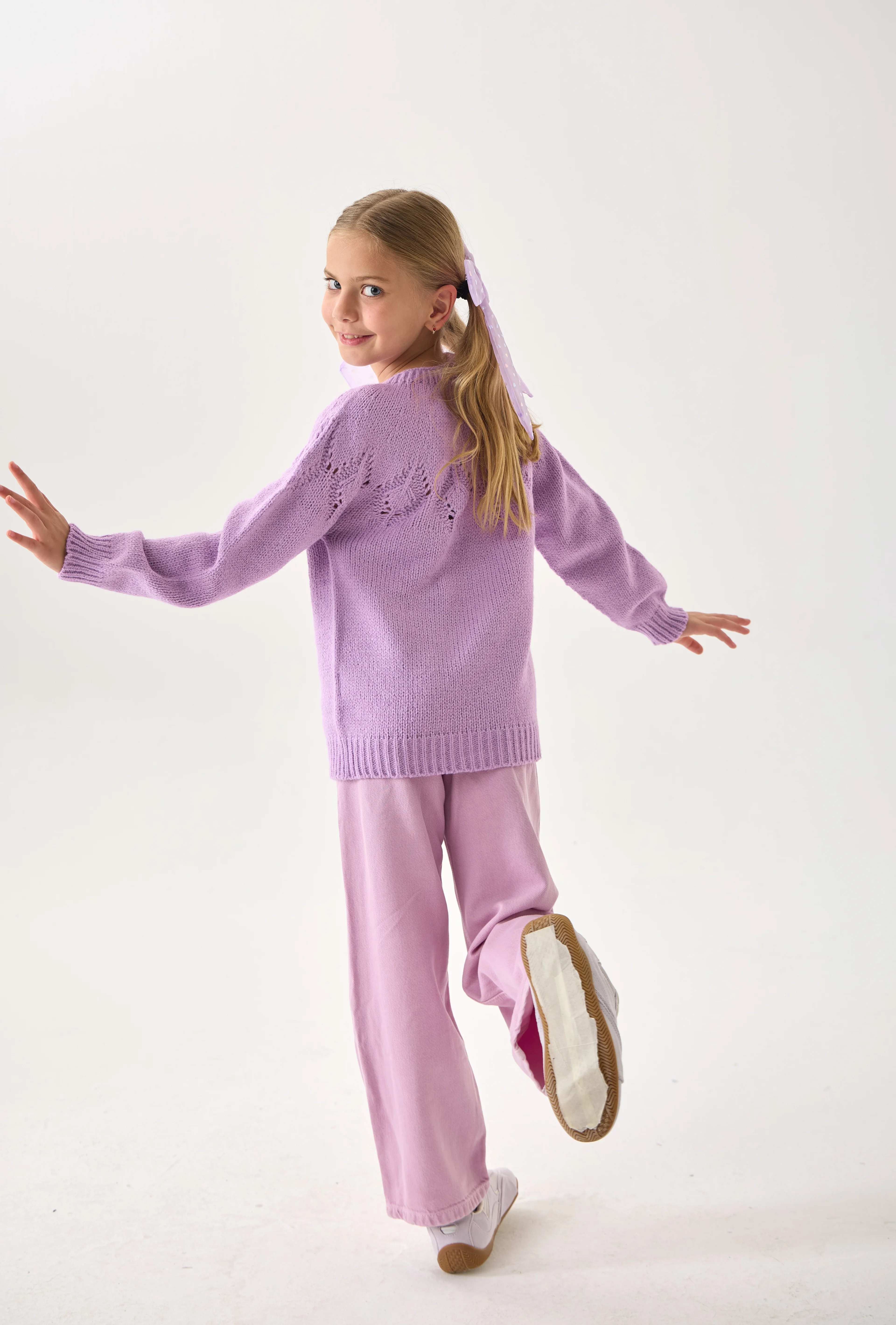 Kız Çocuk Triko Kazak - Bisiklet Yaka ve Uzun Kollu Günlük Model - Lila