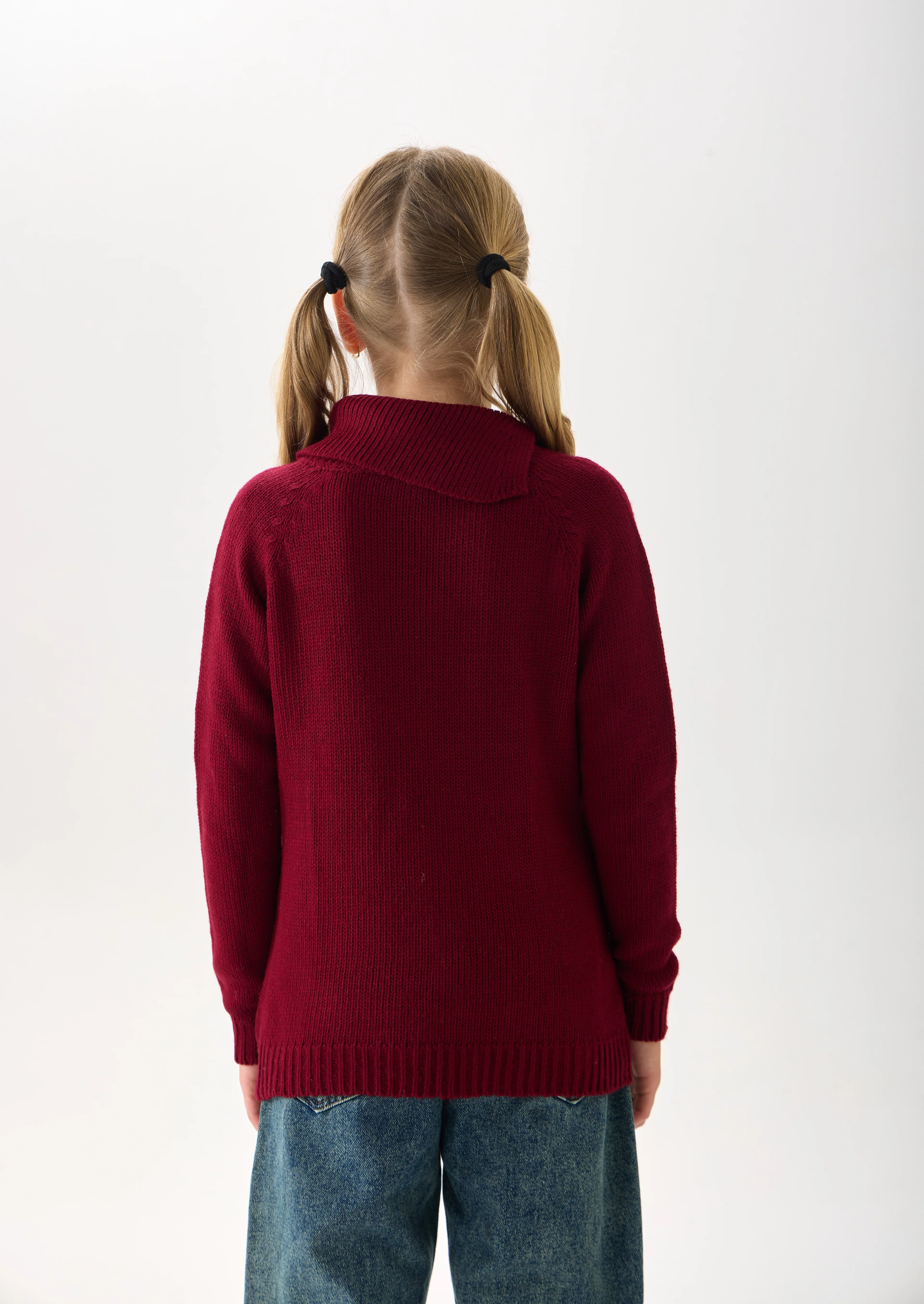 Kız Çocuk Triko Kazak - Düğme Detaylı Geniş Yaka ve Uzun Kollu Model - Bordo