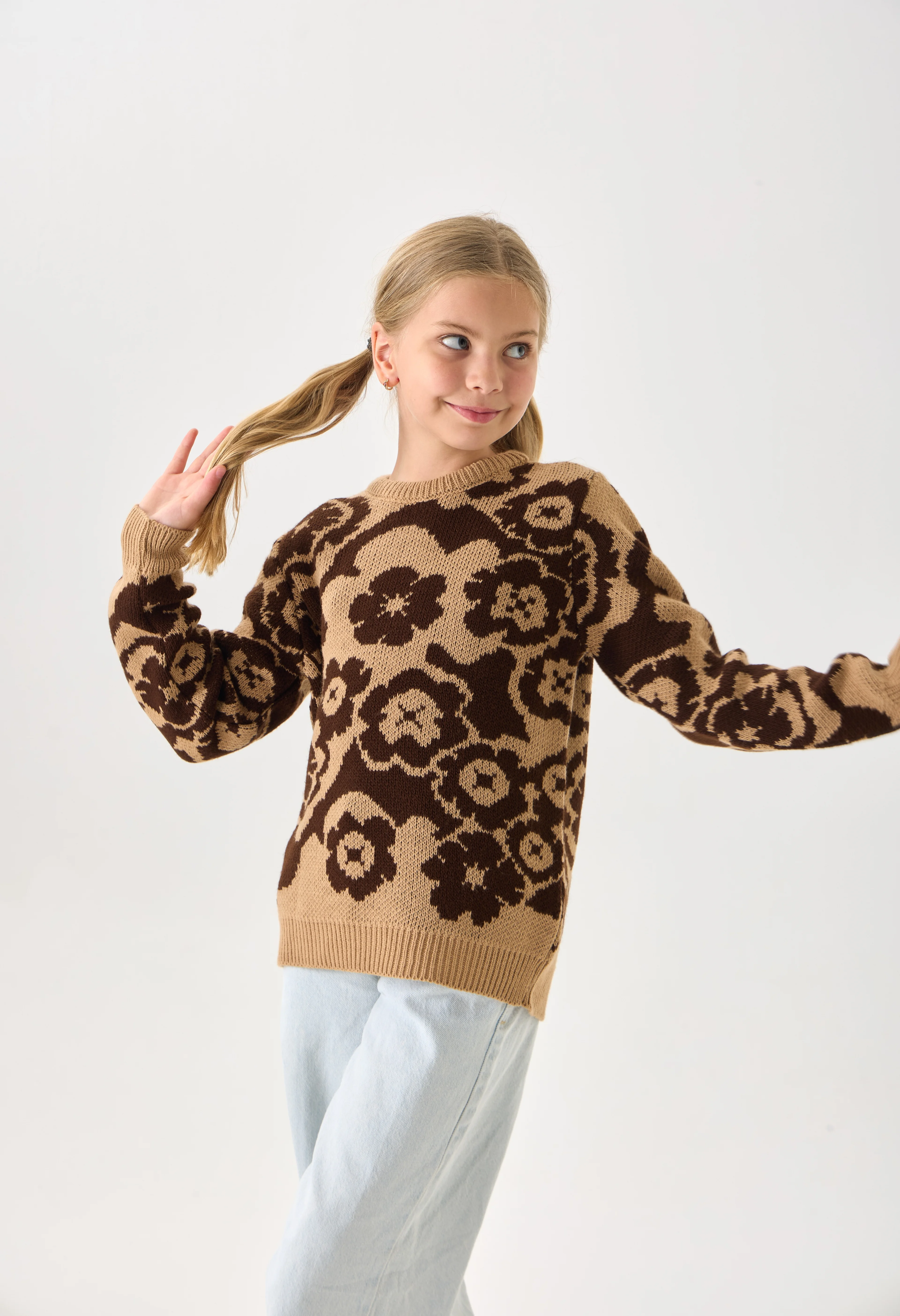 Çiçek Desenli Kız Çocuk Kazak Triko - Coconut