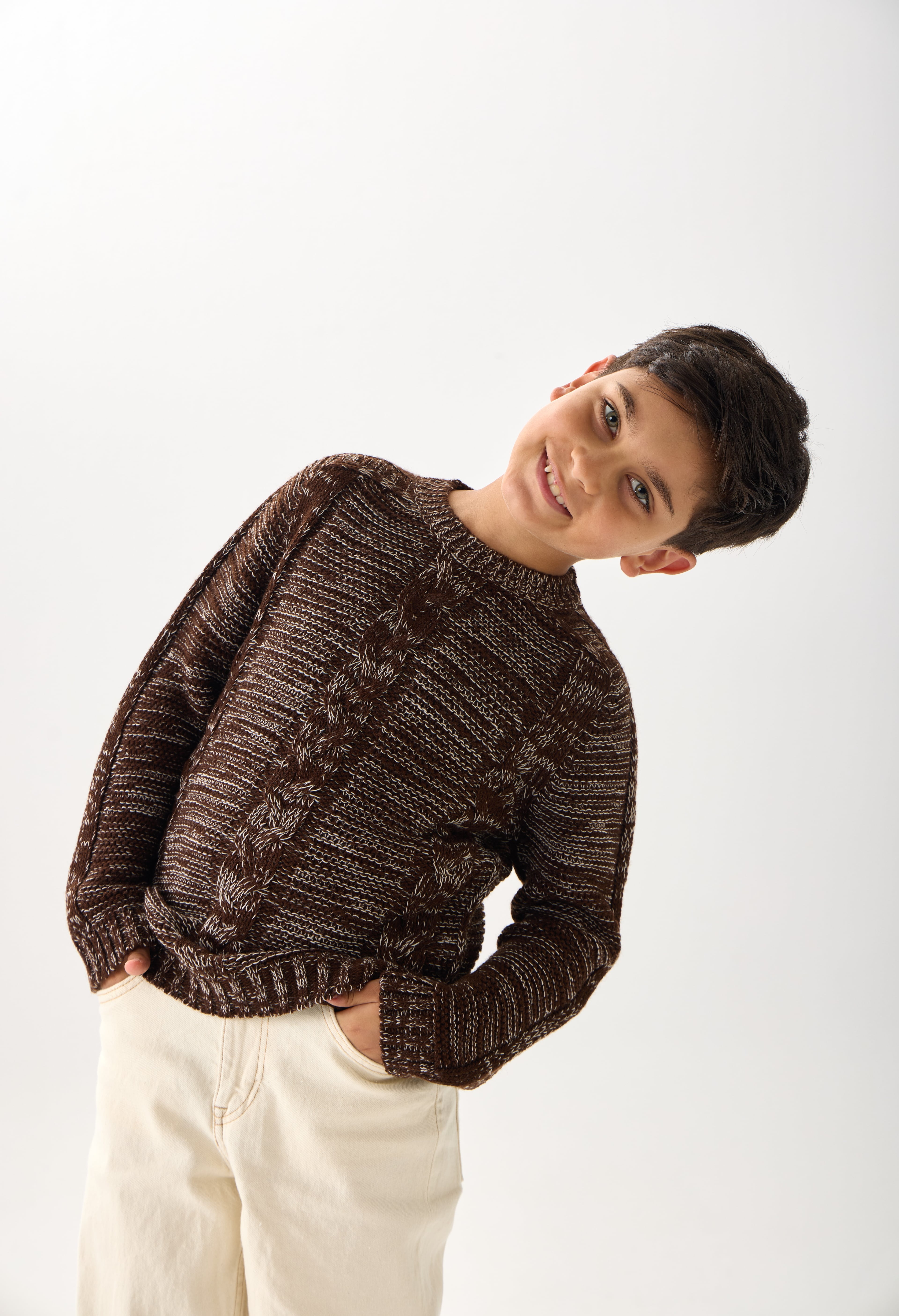 Erkek Çocuk Triko Kazak – Bisiklet Yaka ve Uzun Kollu Günlük Model - Coconut